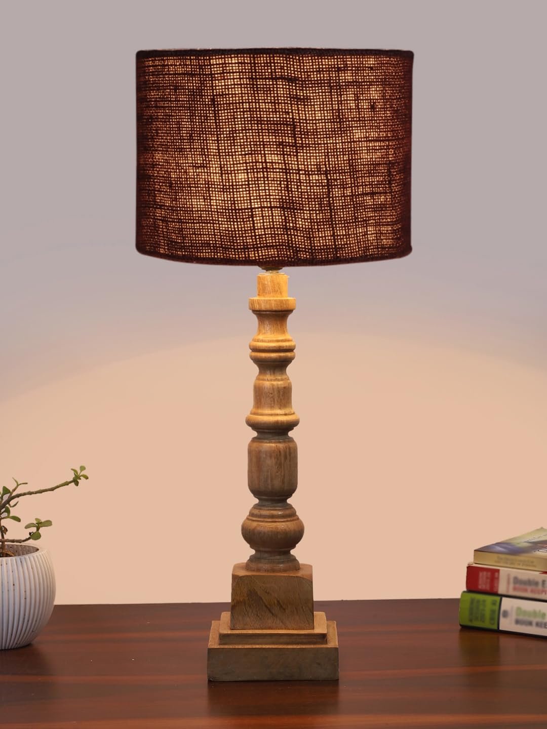 Brown Jute Table Lamp with Wooden Natural Base - Height 21.25 Inches/Without Bulb | for Living Room, Bedroom Decoration, Home Decor, Gifting | Decorative Bedside & Desk Table Lamp