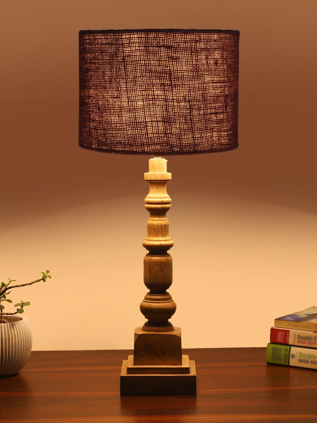Brown Jute Table Lamp with Wooden Natural Base - Height 21.25 Inches/Without Bulb | for Living Room, Bedroom Decoration, Home Decor, Gifting | Decorative Bedside & Desk Table Lamp