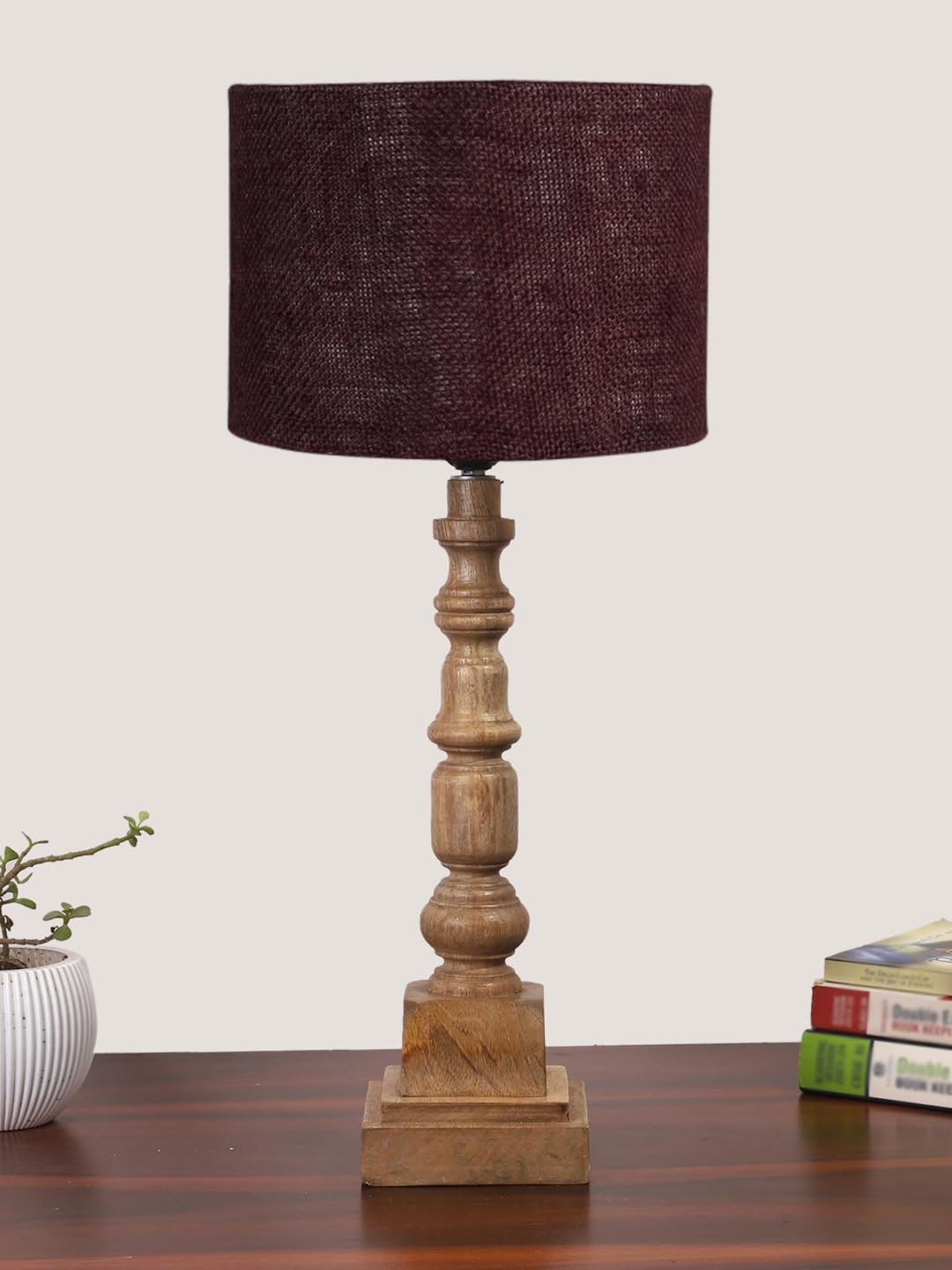 Brown Jute Table Lamp with Wooden Natural Base - Height 21.25 Inches/Without Bulb | for Living Room, Bedroom Decoration, Home Decor, Gifting | Decorative Bedside & Desk Table Lamp