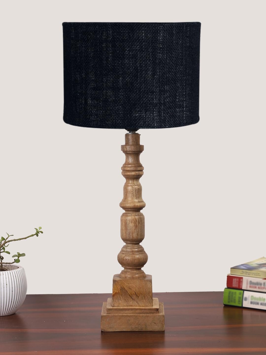 Black Jute Table Lamp with Wooden Natural Base - Height 21.25 Inches/Without Bulb | for Living Room, Bedroom Decoration, Home Decor, Gifting | Decorative Bedside & Desk Table Lamp