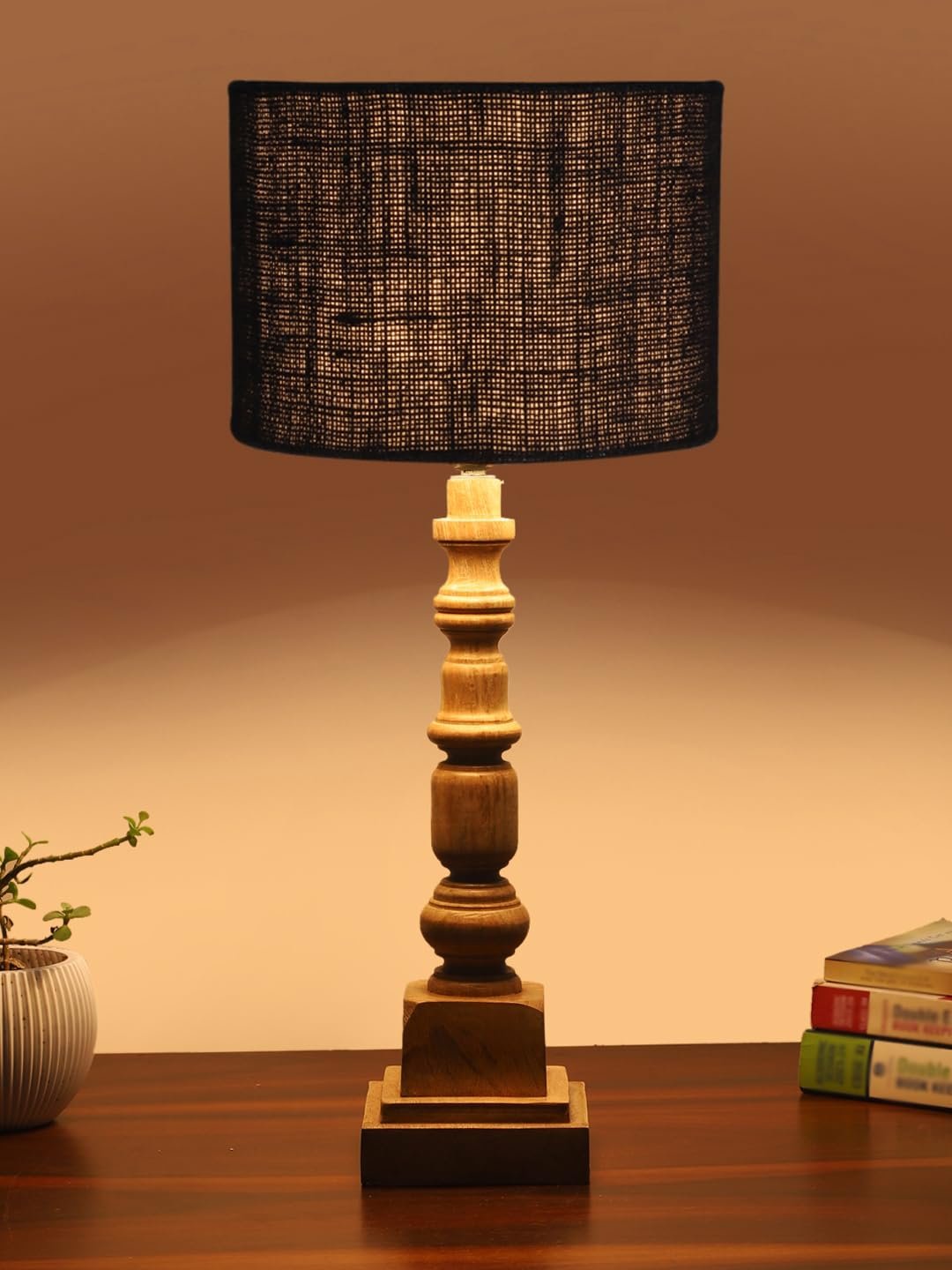 Black Jute Table Lamp with Wooden Natural Base - Height 21.25 Inches/Without Bulb | for Living Room, Bedroom Decoration, Home Decor, Gifting | Decorative Bedside & Desk Table Lamp