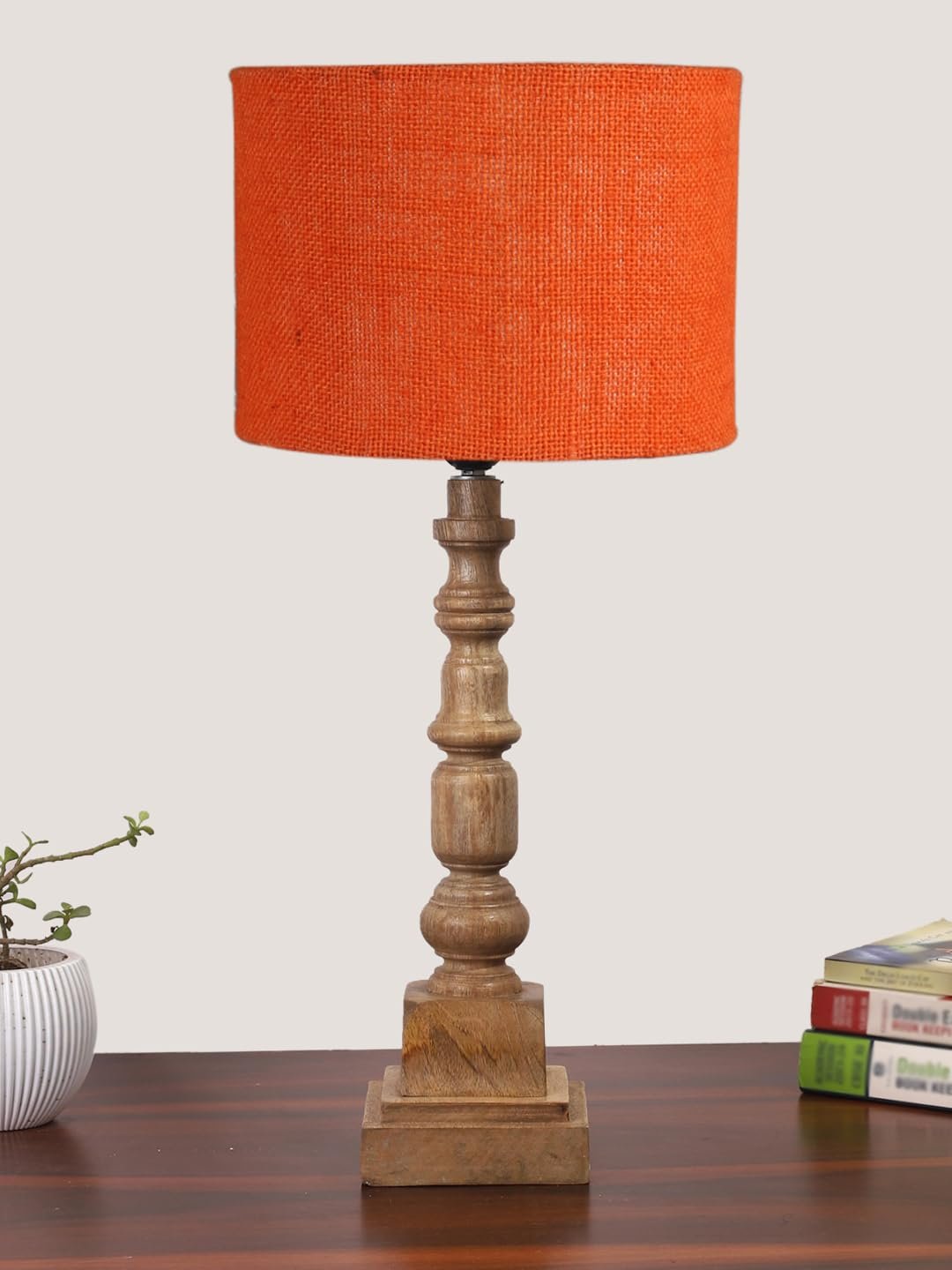 Orange Jute Table Lamp with Wooden Natural Base - Height 21.25 Inches/Without Bulb | for Living Room, Bedroom Decoration, Home Decor, Gifting | Decorative Bedside & Desk Table Lamp