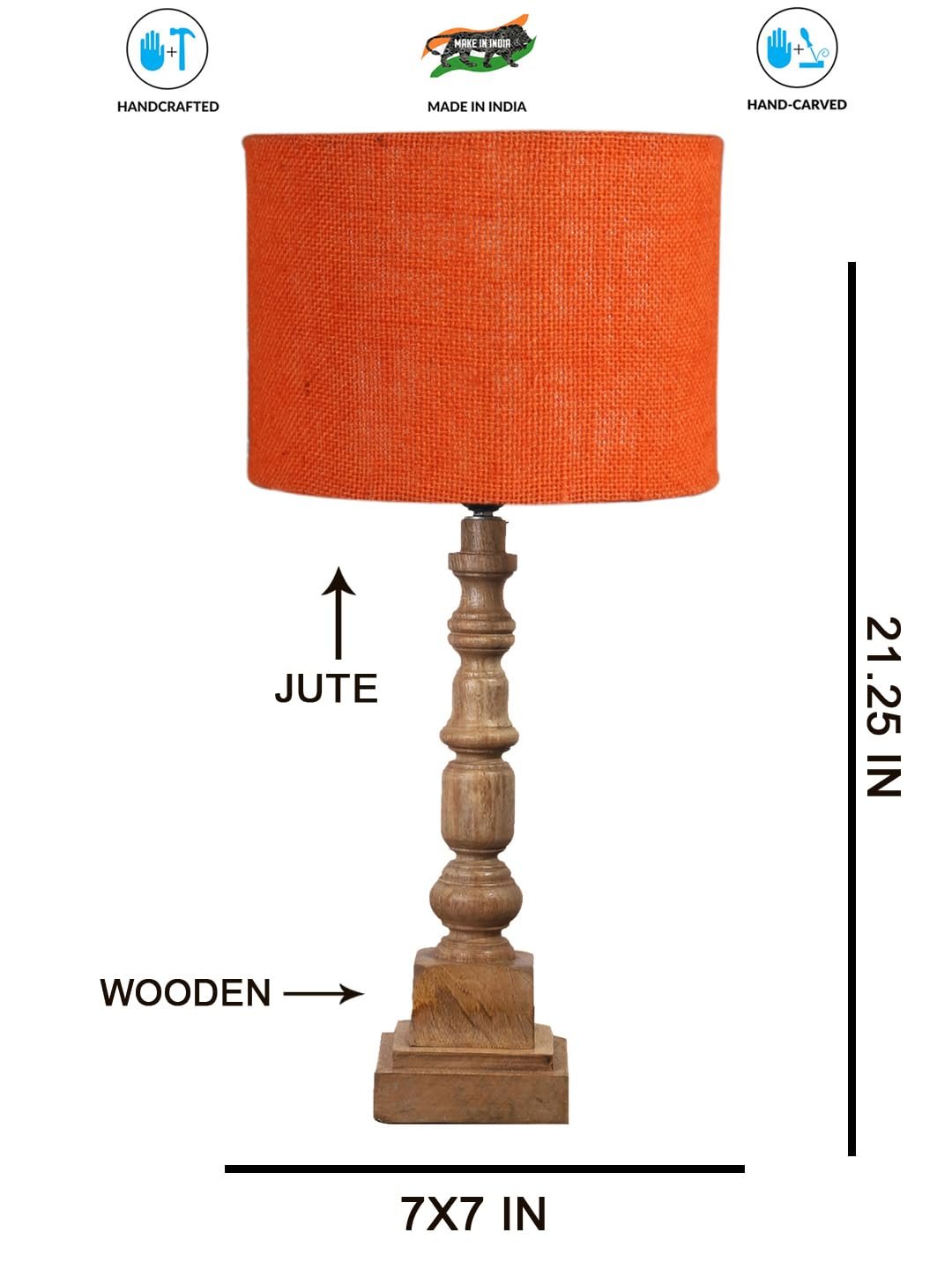 Orange Jute Table Lamp with Wooden Natural Base - Height 21.25 Inches/Without Bulb | for Living Room, Bedroom Decoration, Home Decor, Gifting | Decorative Bedside & Desk Table Lamp