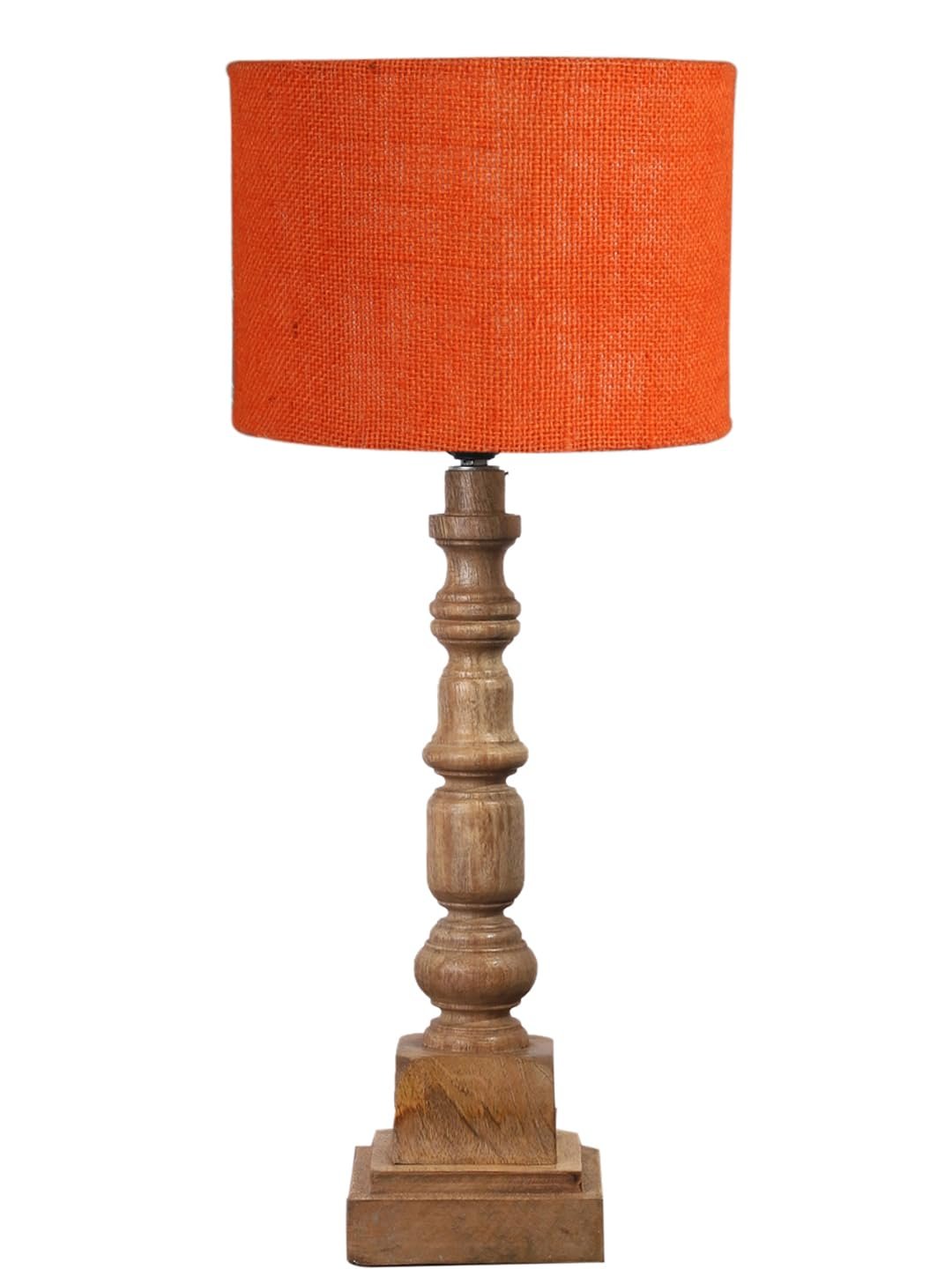 Orange Jute Table Lamp with Wooden Natural Base - Height 21.25 Inches/Without Bulb | for Living Room, Bedroom Decoration, Home Decor, Gifting | Decorative Bedside & Desk Table Lamp
