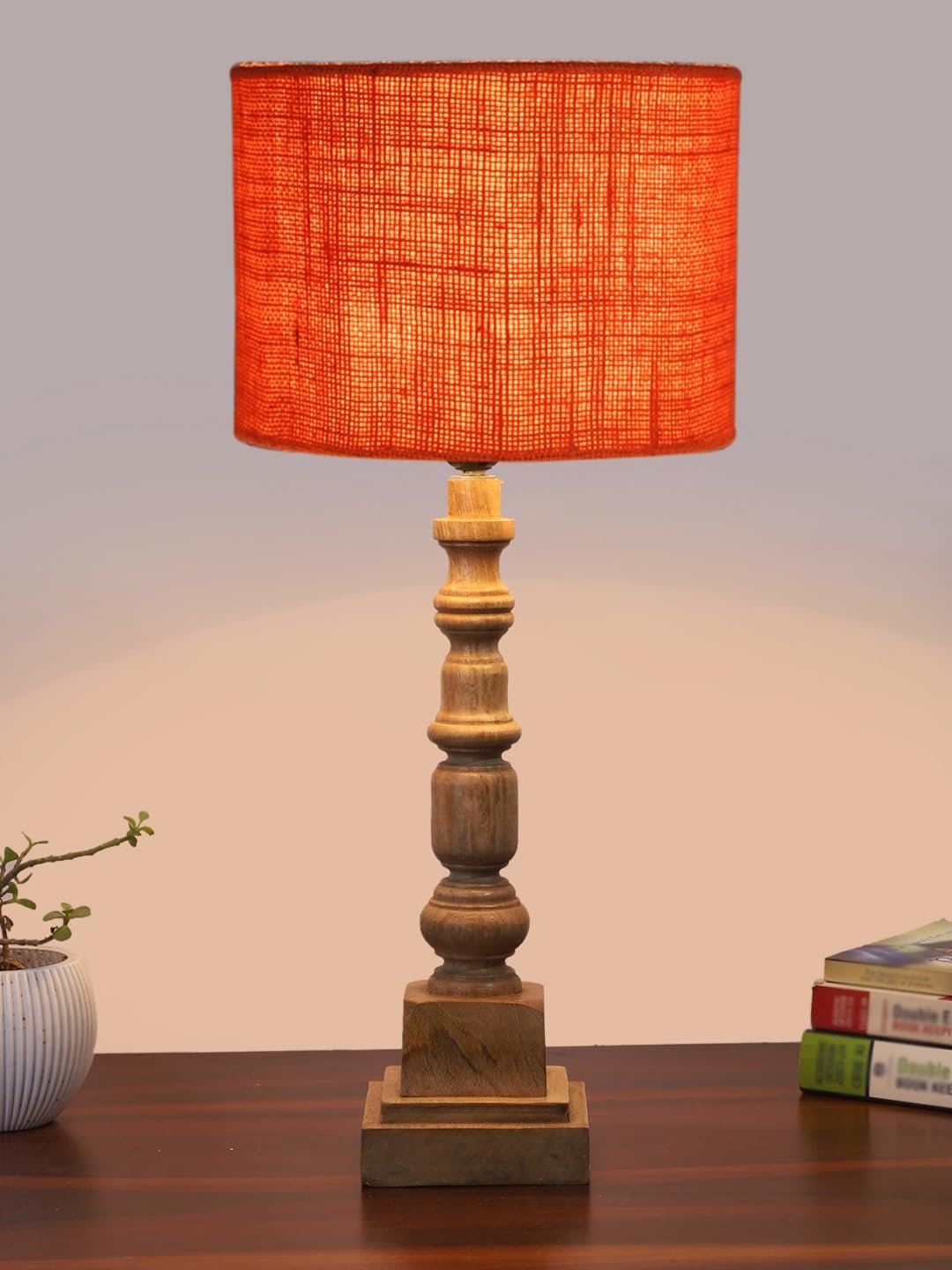 Orange Jute Table Lamp with Wooden Natural Base - Height 21.25 Inches/Without Bulb | for Living Room, Bedroom Decoration, Home Decor, Gifting | Decorative Bedside & Desk Table Lamp