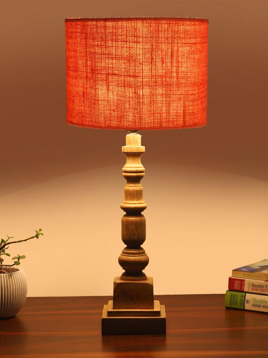 Orange Jute Table Lamp with Wooden Natural Base - Height 21.25 Inches/Without Bulb | for Living Room, Bedroom Decoration, Home Decor, Gifting | Decorative Bedside & Desk Table Lamp