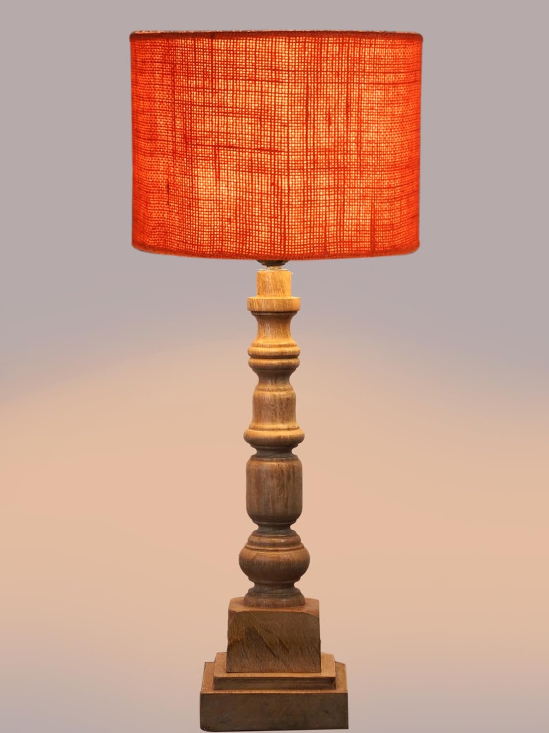 Orange Jute Table Lamp with Wooden Natural Base - Height 21.25 Inches/Without Bulb | for Living Room, Bedroom Decoration, Home Decor, Gifting | Decorative Bedside & Desk Table Lamp