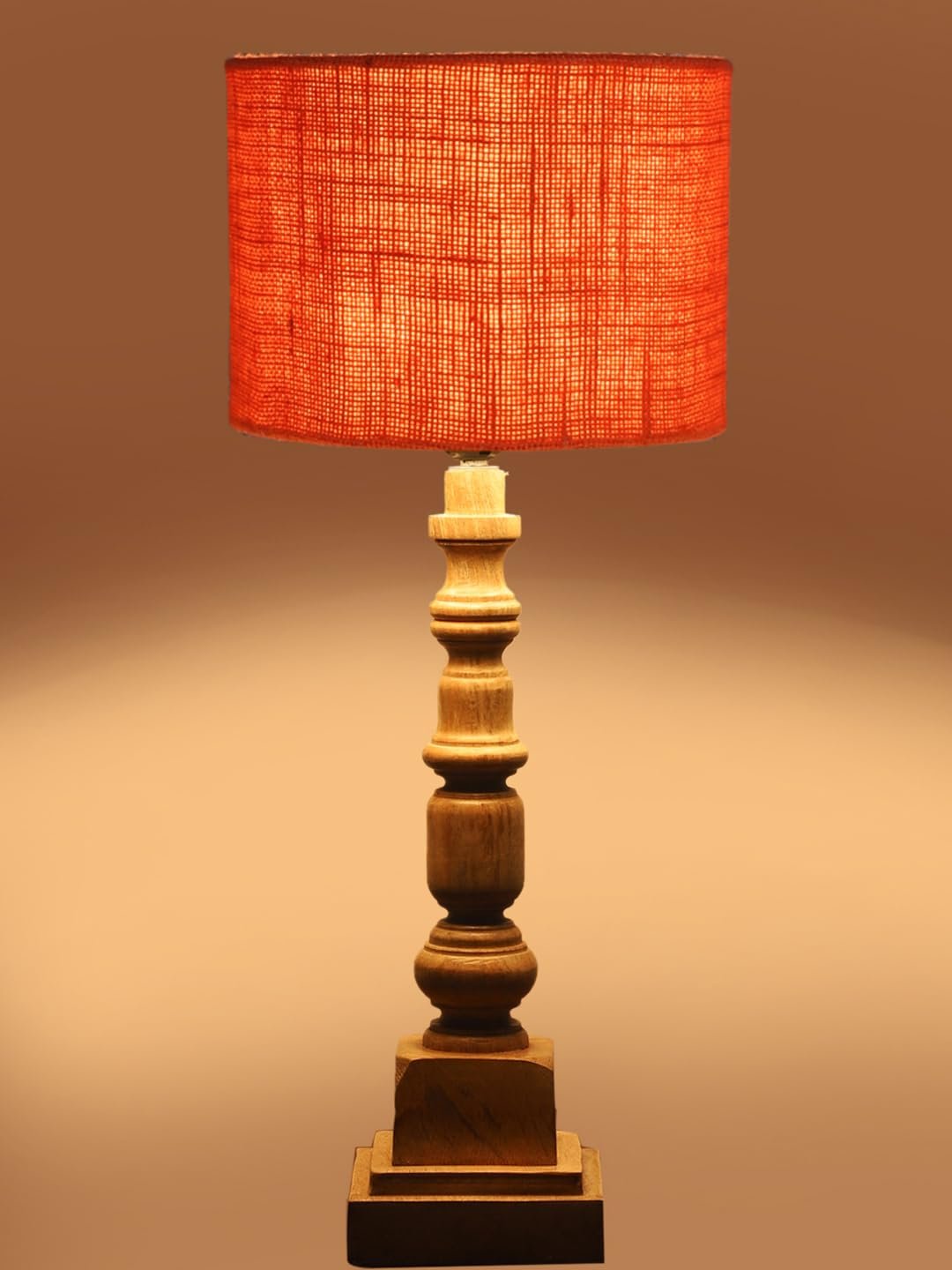 Orange Jute Table Lamp with Wooden Natural Base - Height 21.25 Inches/Without Bulb | for Living Room, Bedroom Decoration, Home Decor, Gifting | Decorative Bedside & Desk Table Lamp