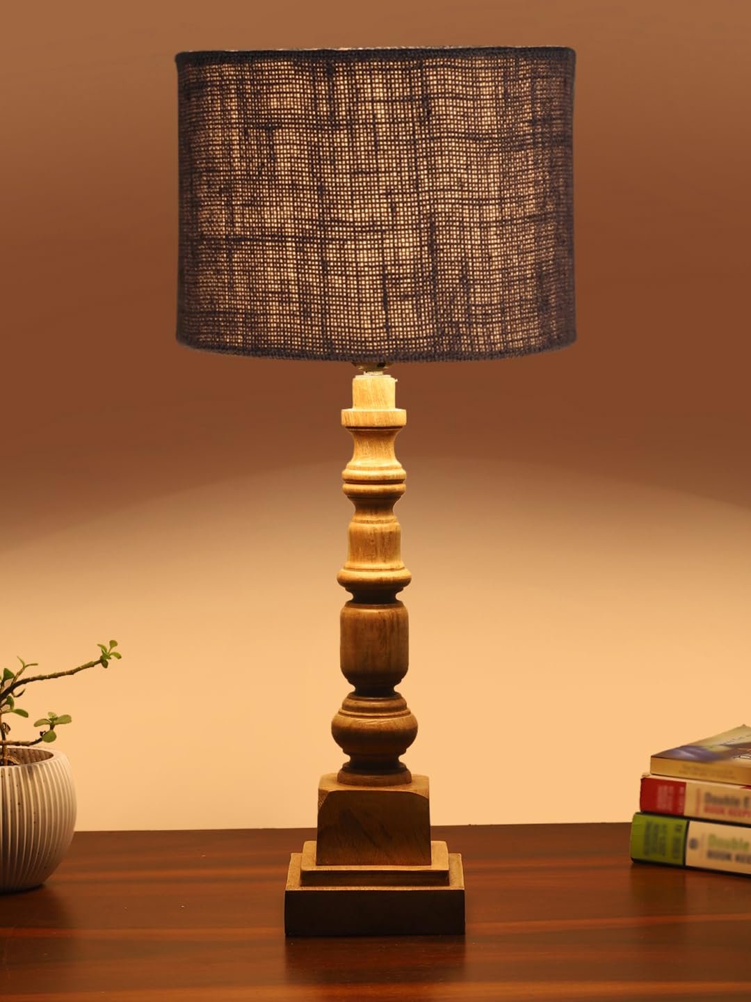 Grey Jute Table Lamp with Wooden Natural Base - Height 21.25 Inches/Without Bulb | for Living Room, Bedroom Decoration, Home Decor, Gifting | Decorative Bedside & Desk Table Lamp