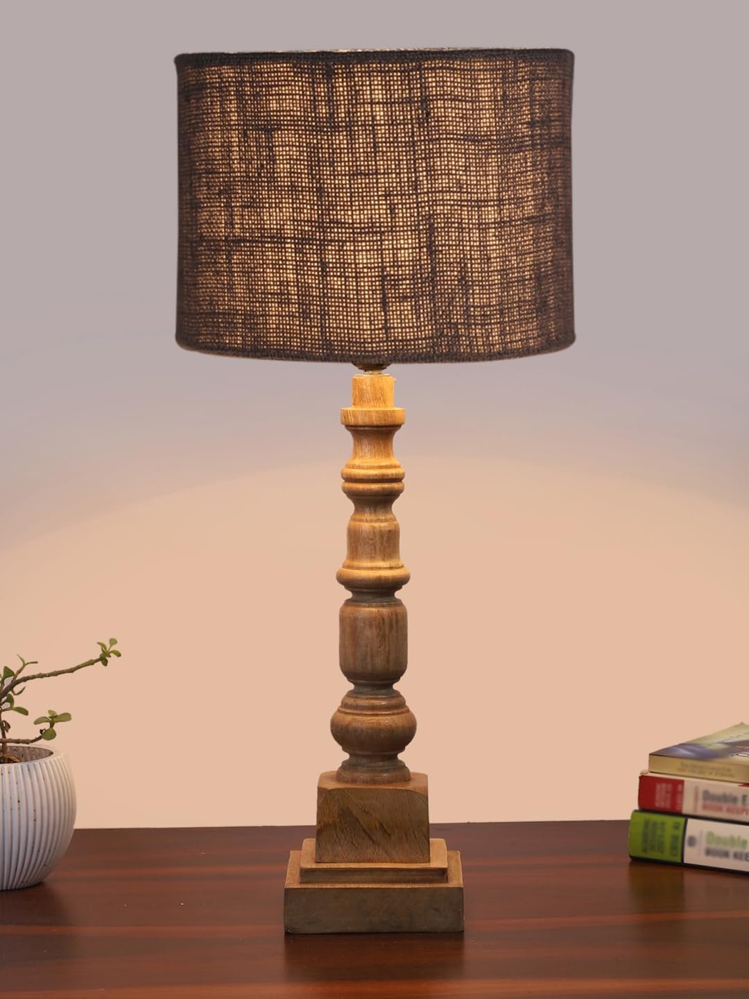 Grey Jute Table Lamp with Wooden Natural Base - Height 21.25 Inches/Without Bulb | for Living Room, Bedroom Decoration, Home Decor, Gifting | Decorative Bedside & Desk Table Lamp