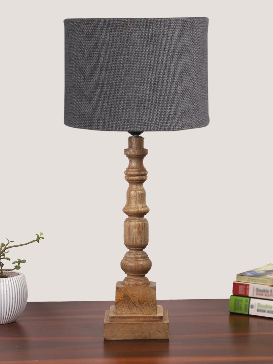 Grey Jute Table Lamp with Wooden Natural Base - Height 21.25 Inches/Without Bulb | for Living Room, Bedroom Decoration, Home Decor, Gifting | Decorative Bedside & Desk Table Lamp