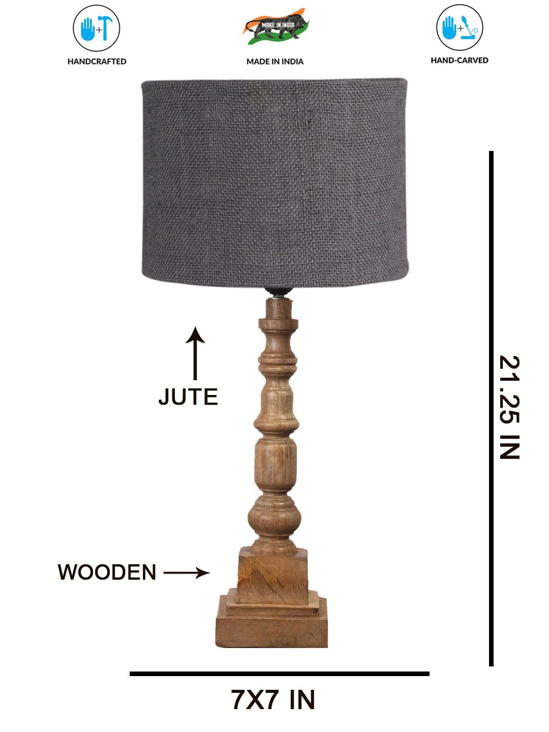 Grey Jute Table Lamp with Wooden Natural Base - Height 21.25 Inches/Without Bulb | for Living Room, Bedroom Decoration, Home Decor, Gifting | Decorative Bedside & Desk Table Lamp