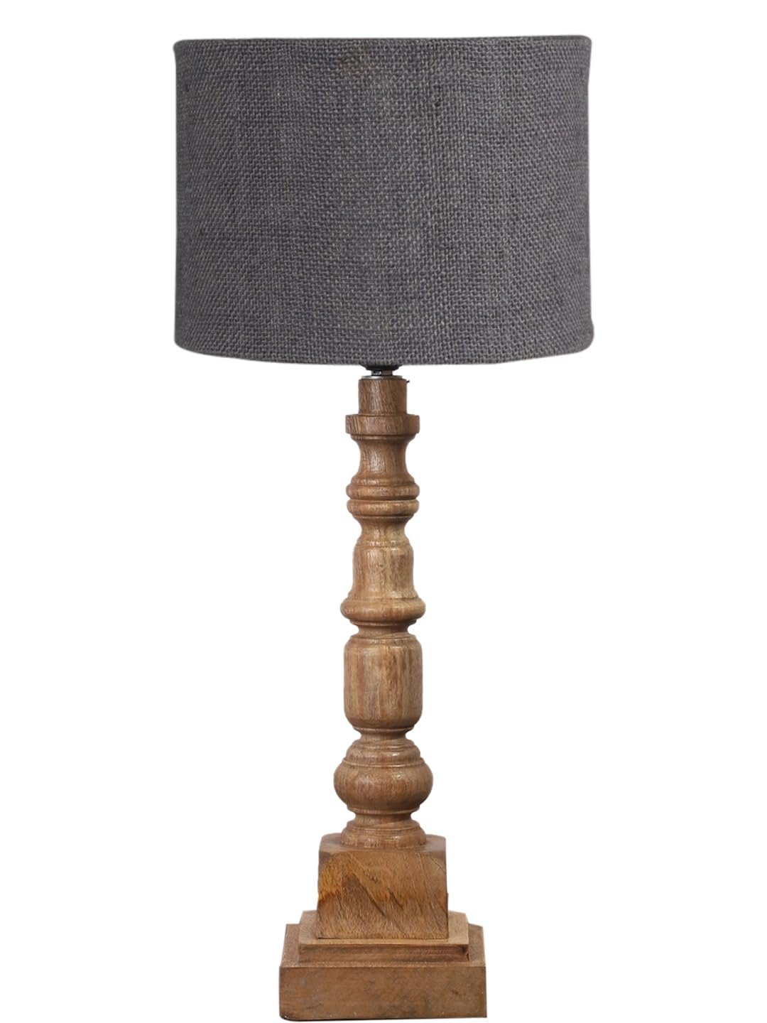 Grey Jute Table Lamp with Wooden Natural Base - Height 21.25 Inches/Without Bulb | for Living Room, Bedroom Decoration, Home Decor, Gifting | Decorative Bedside & Desk Table Lamp