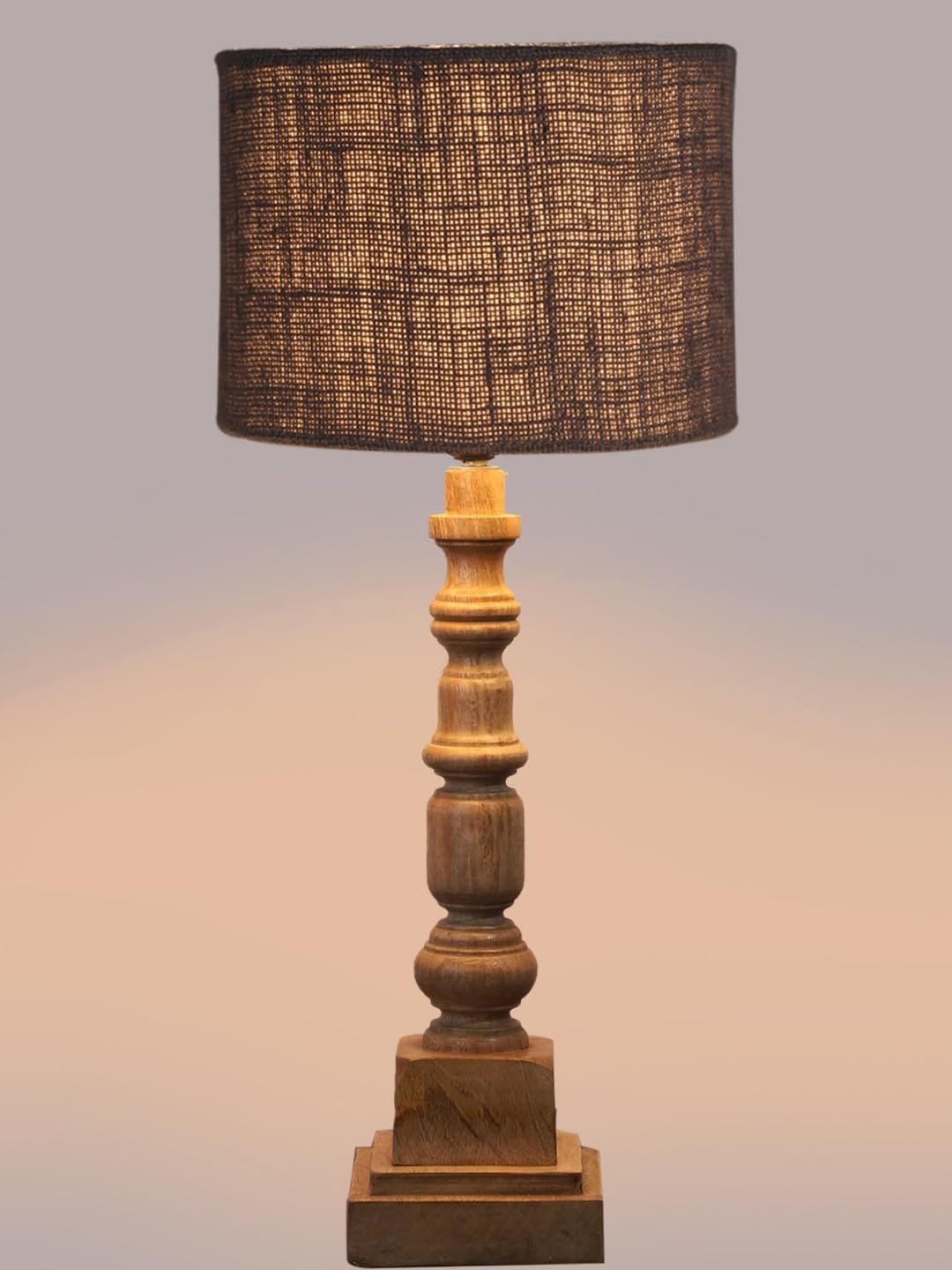 Grey Jute Table Lamp with Wooden Natural Base - Height 21.25 Inches/Without Bulb | for Living Room, Bedroom Decoration, Home Decor, Gifting | Decorative Bedside & Desk Table Lamp
