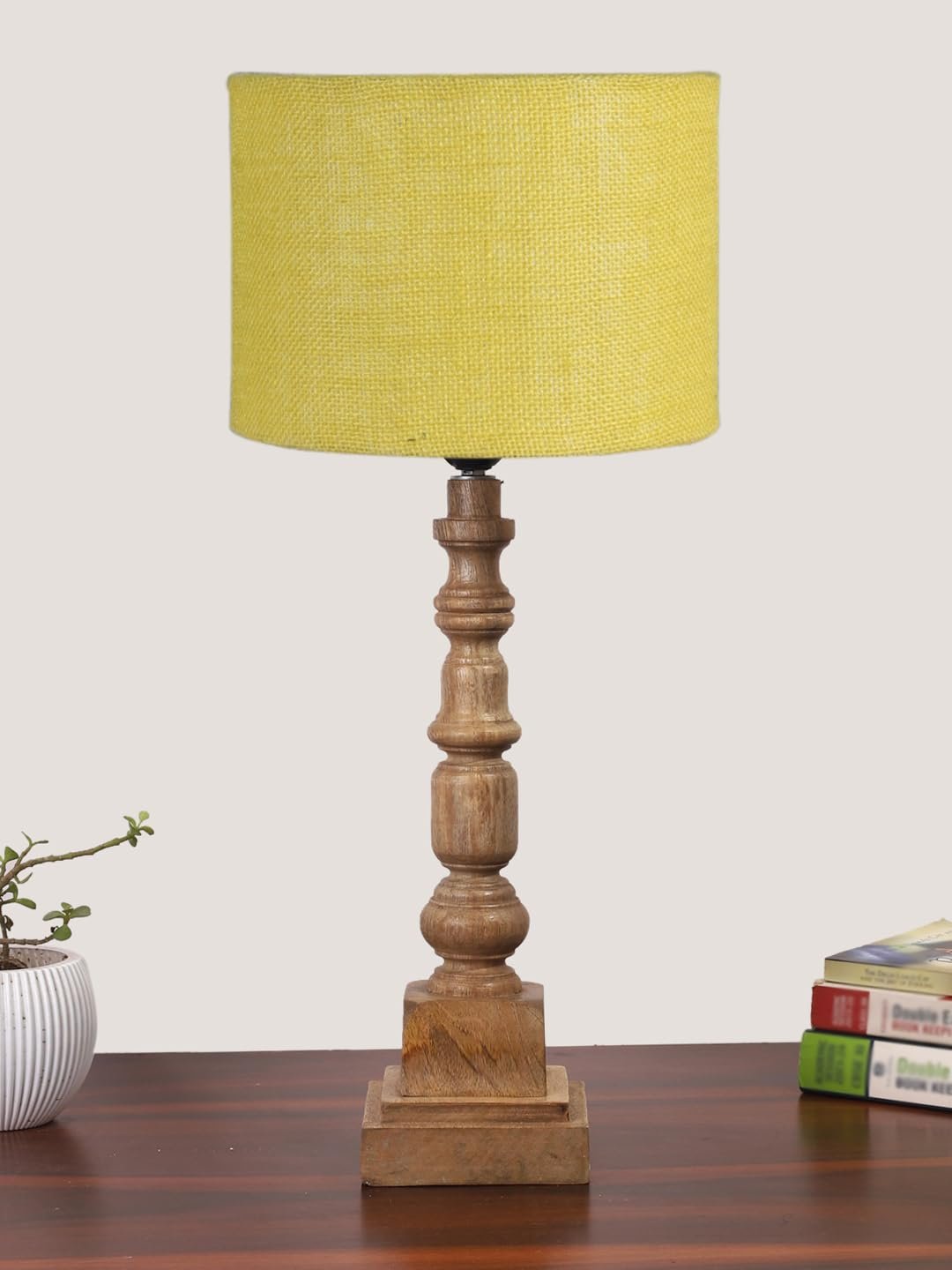 Yellow Jute Table Lamp with Wooden Natural Base - Height 21.25 Inches/Without Bulb | for Living Room, Bedroom Decoration, Home Decor, Gifting | Decorative Bedside & Desk Table Lamp