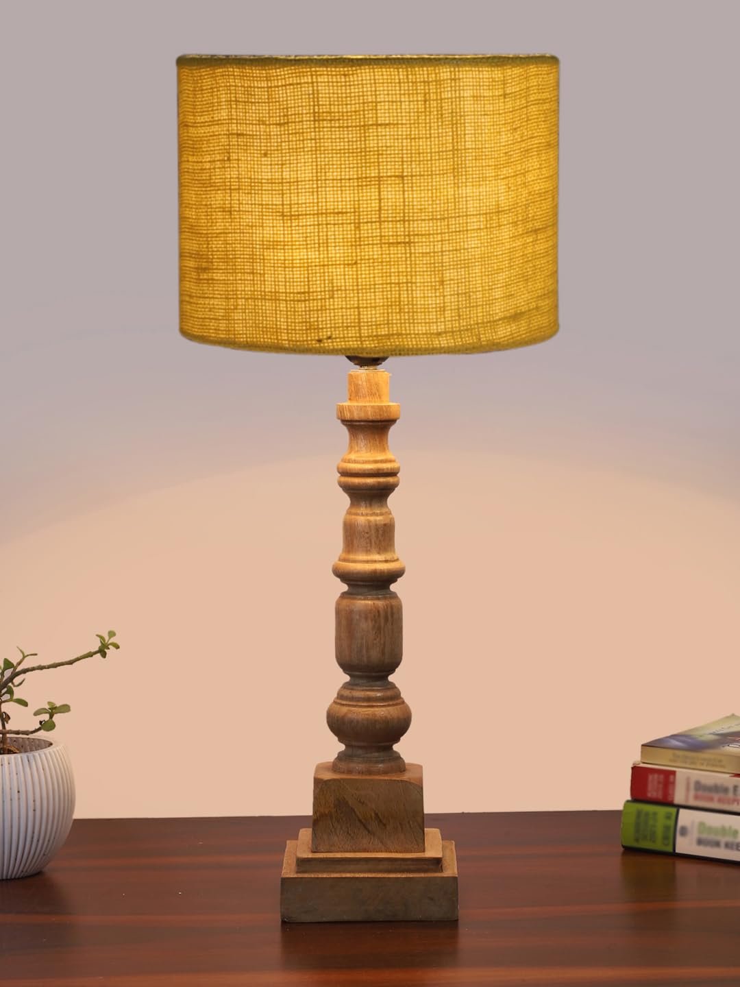 Yellow Jute Table Lamp with Wooden Natural Base - Height 21.25 Inches/Without Bulb | for Living Room, Bedroom Decoration, Home Decor, Gifting | Decorative Bedside & Desk Table Lamp