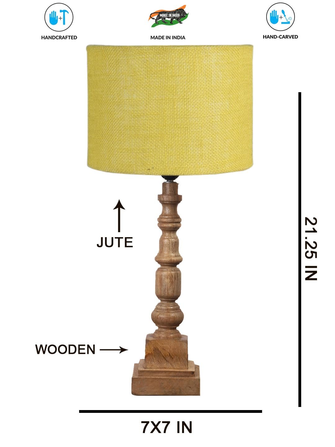 Yellow Jute Table Lamp with Wooden Natural Base - Height 21.25 Inches/Without Bulb | for Living Room, Bedroom Decoration, Home Decor, Gifting | Decorative Bedside & Desk Table Lamp