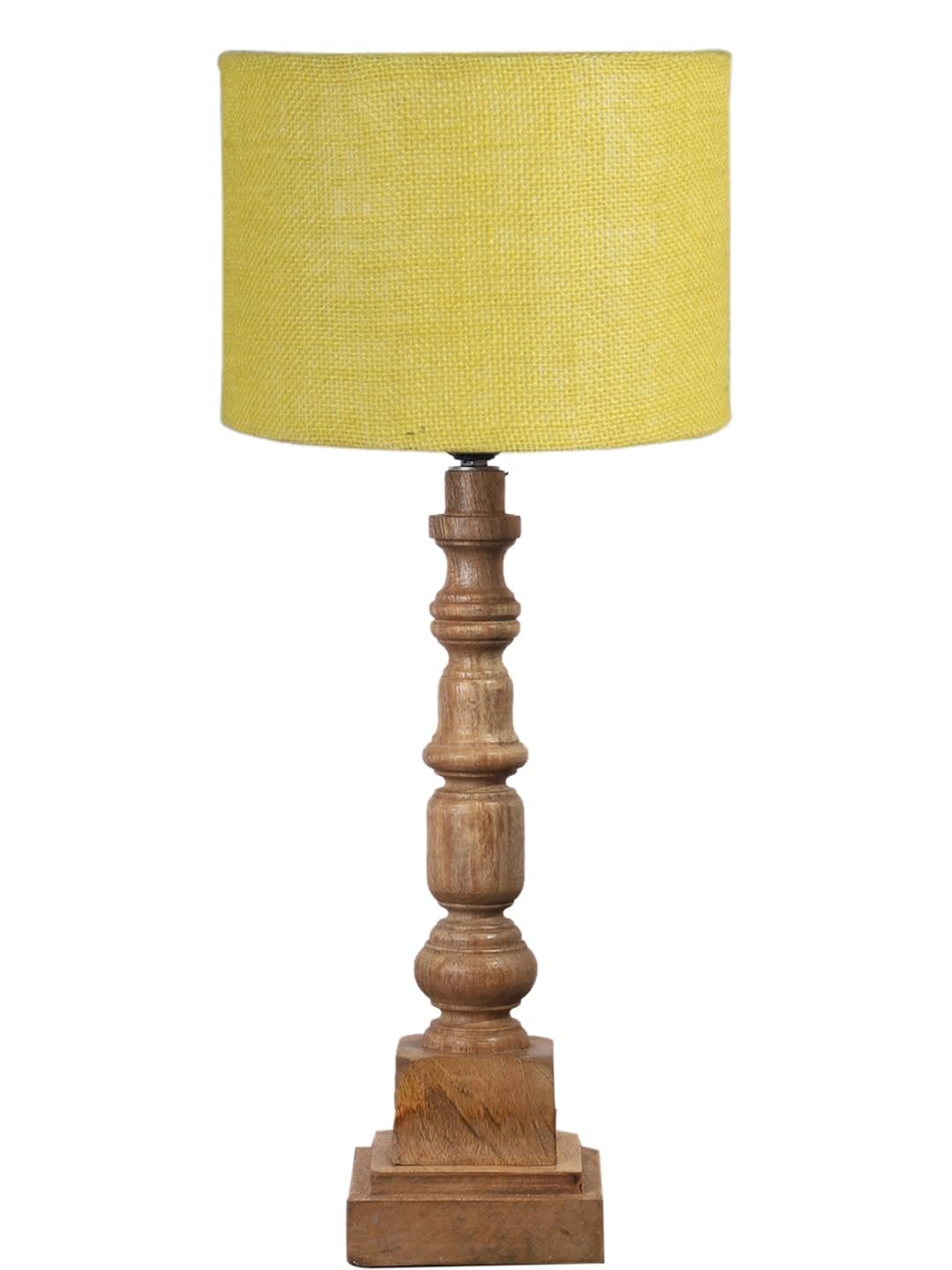 Yellow Jute Table Lamp with Wooden Natural Base - Height 21.25 Inches/Without Bulb | for Living Room, Bedroom Decoration, Home Decor, Gifting | Decorative Bedside & Desk Table Lamp