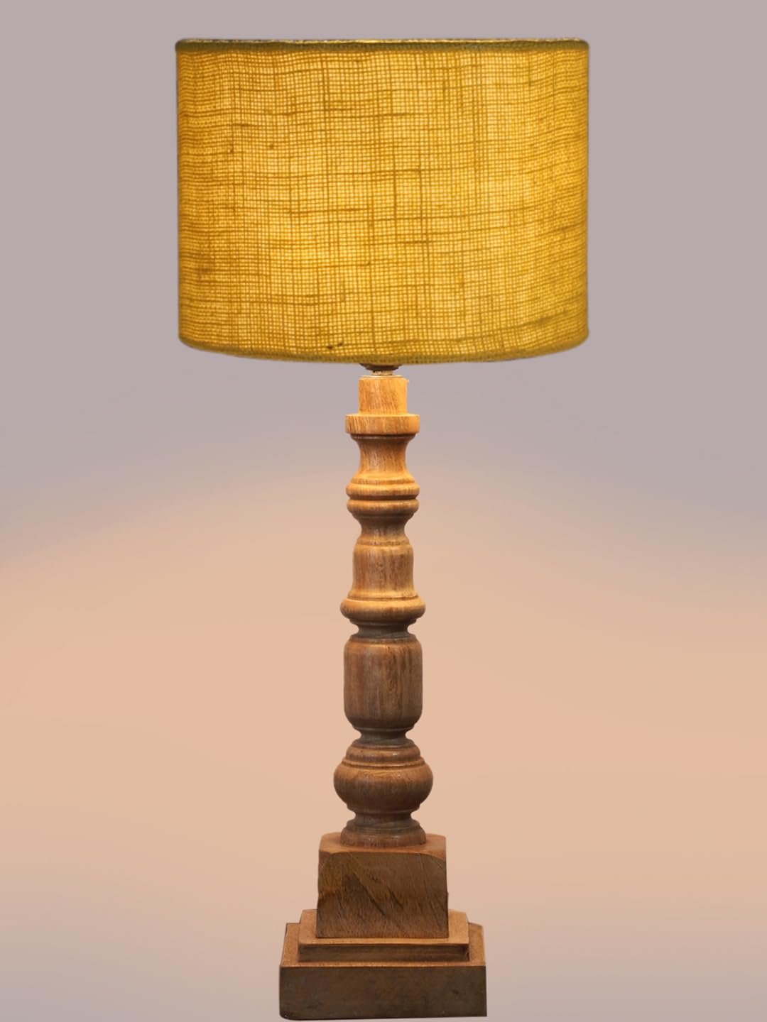 Yellow Jute Table Lamp with Wooden Natural Base - Height 21.25 Inches/Without Bulb | for Living Room, Bedroom Decoration, Home Decor, Gifting | Decorative Bedside & Desk Table Lamp