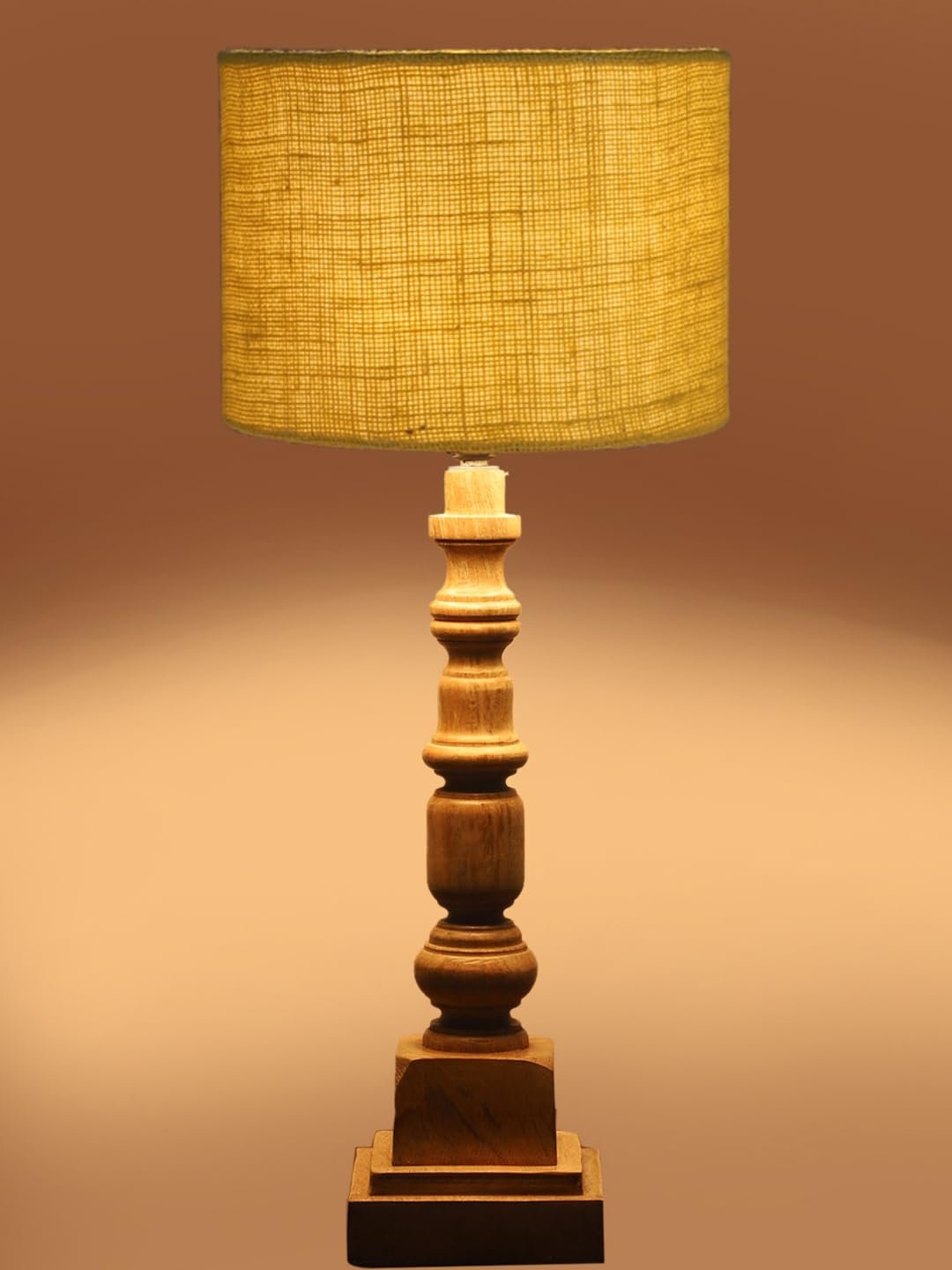 Yellow Jute Table Lamp with Wooden Natural Base - Height 21.25 Inches/Without Bulb | for Living Room, Bedroom Decoration, Home Decor, Gifting | Decorative Bedside & Desk Table Lamp
