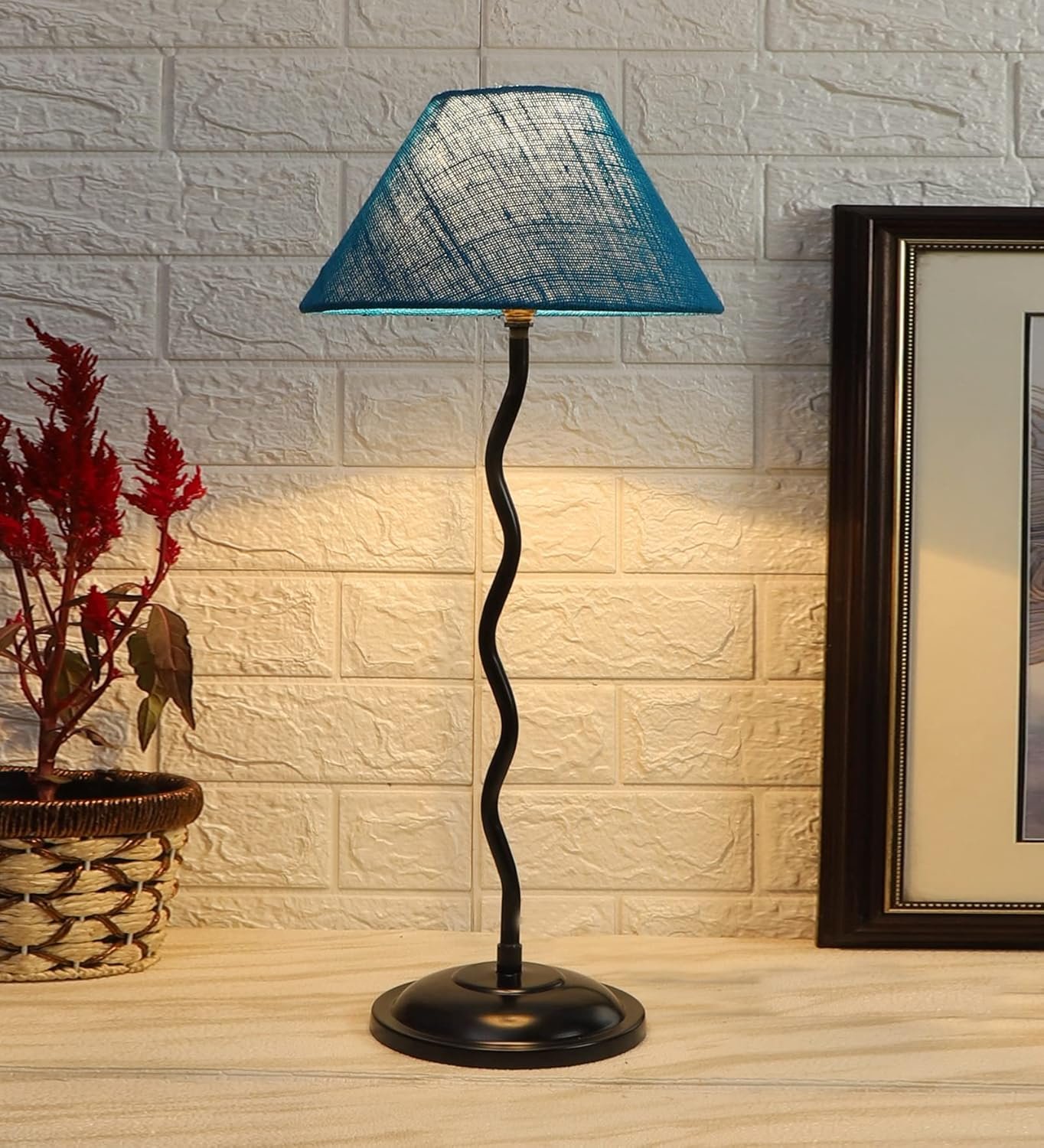 Turquoise Jute Zig Zag Table lamp with Iron Base (AE19)