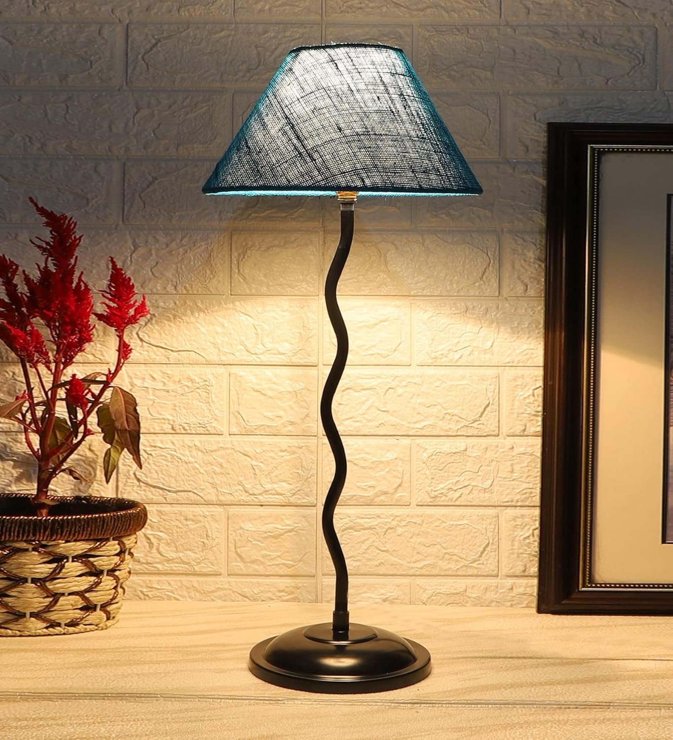 Turquoise Jute Zig Zag Table lamp with Iron Base (AE19)
