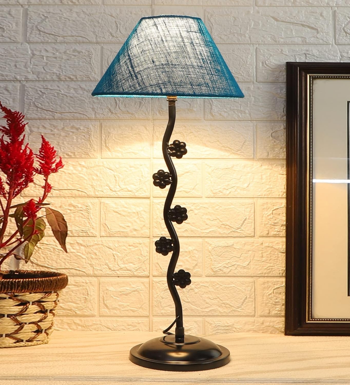 Turquoise Jute Zig Zag Tikli Table lamp with Iron Base (AE57)