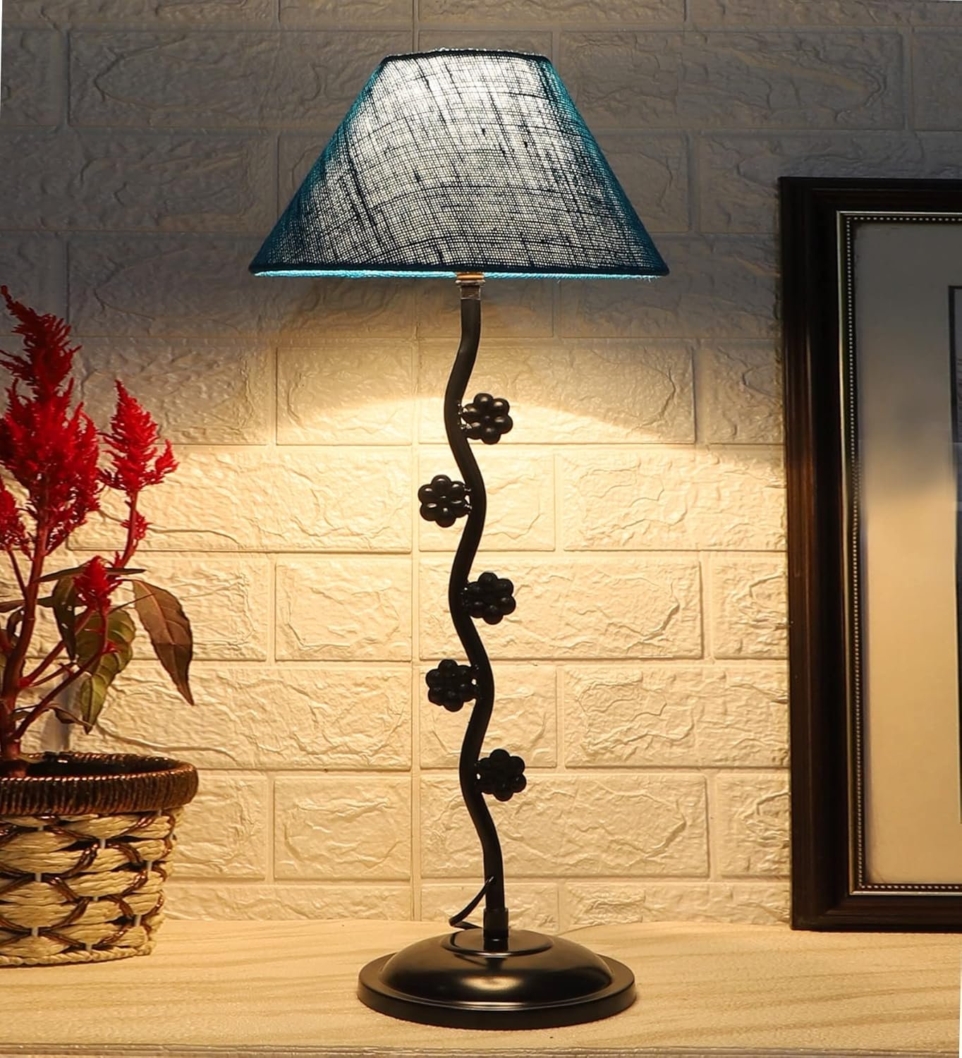 Turquoise Jute Zig Zag Tikli Table lamp with Iron Base (AE57)