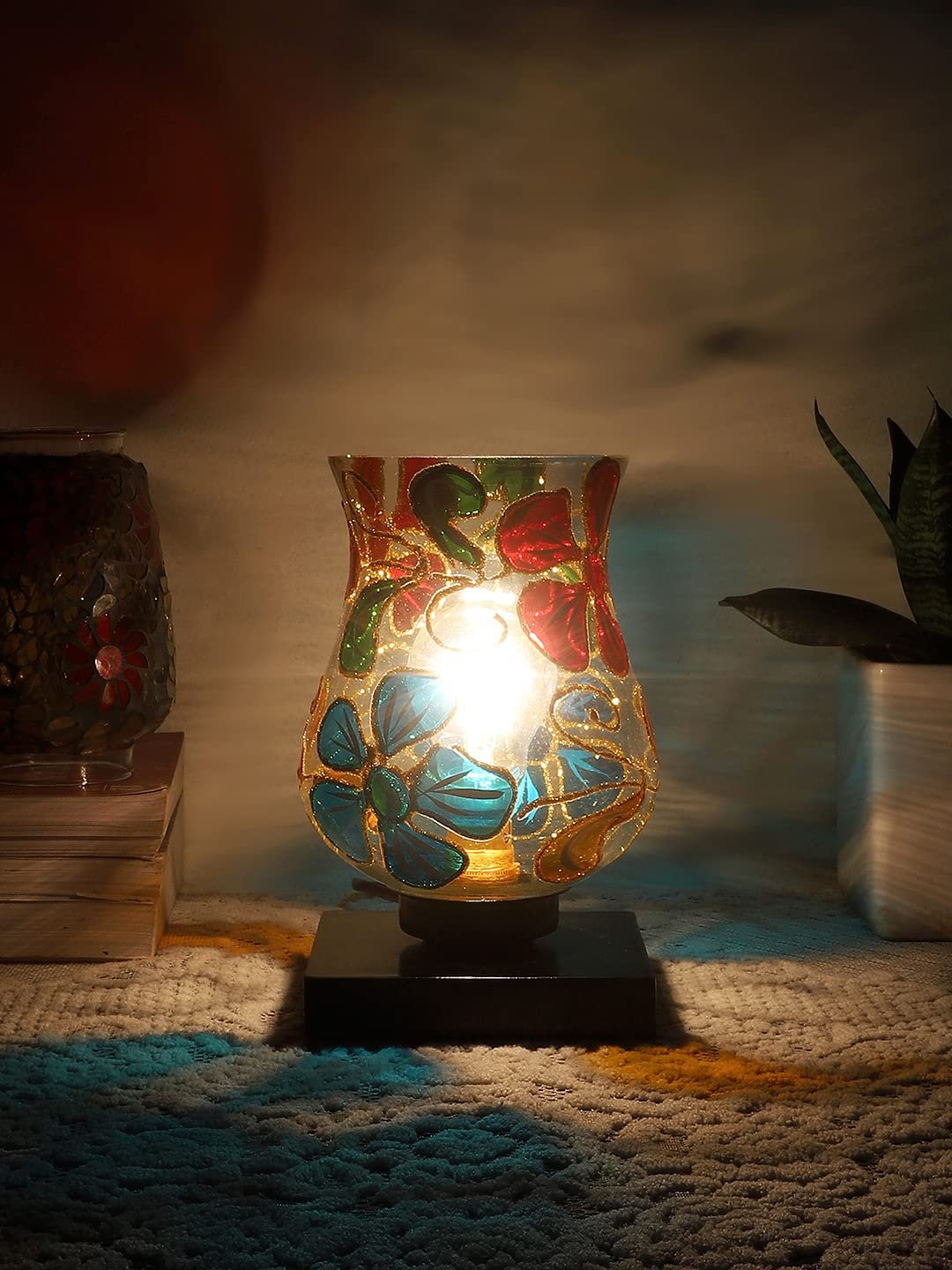 Black Wood Square Table lamp with Mosaic Glass -FD04