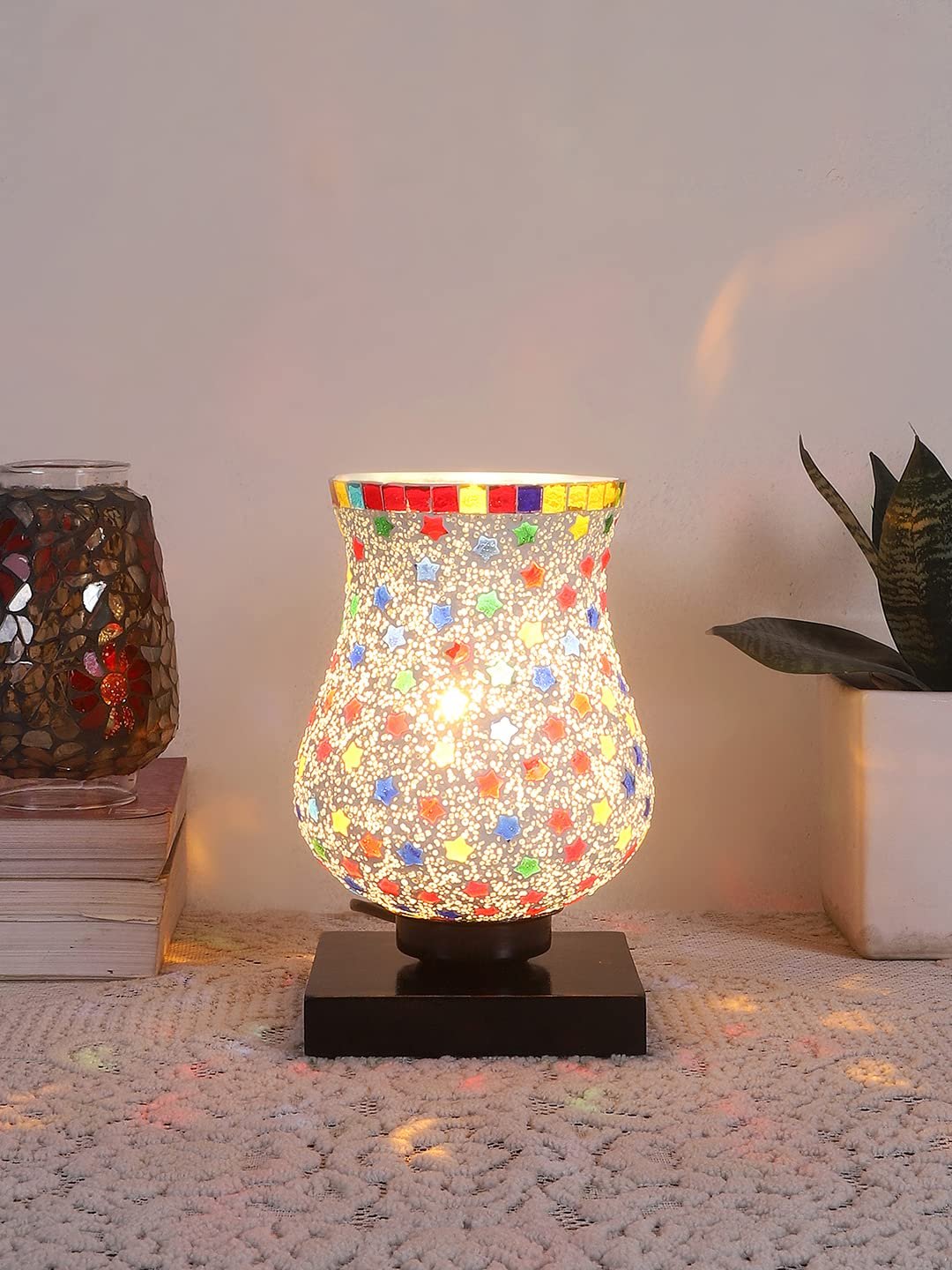 Black Wood Square Table lamp with Mosaic Glass -FD