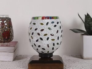 Dark Brown Wood Square Table lamp with Mosaic Glass -FD07