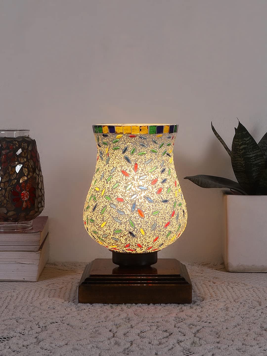 Dark Brown Wood Square Table lamp with Mosaic Glass -FD09