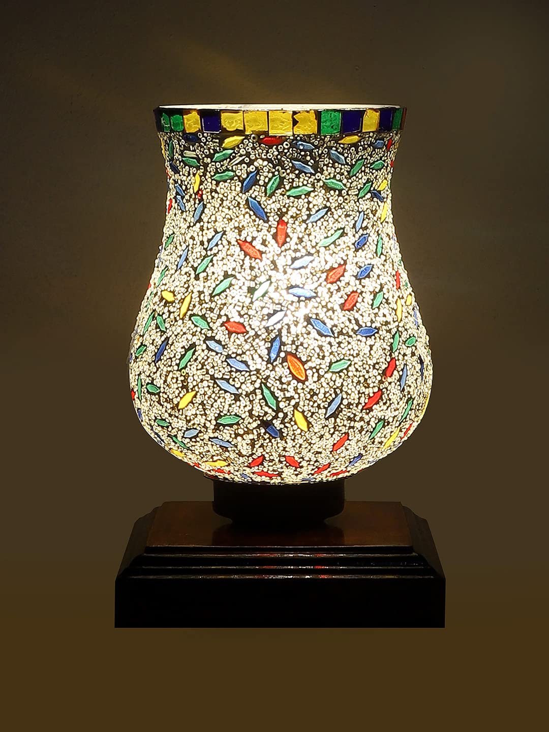 Dark Brown Wood Square Table lamp with Mosaic Glass -FD09