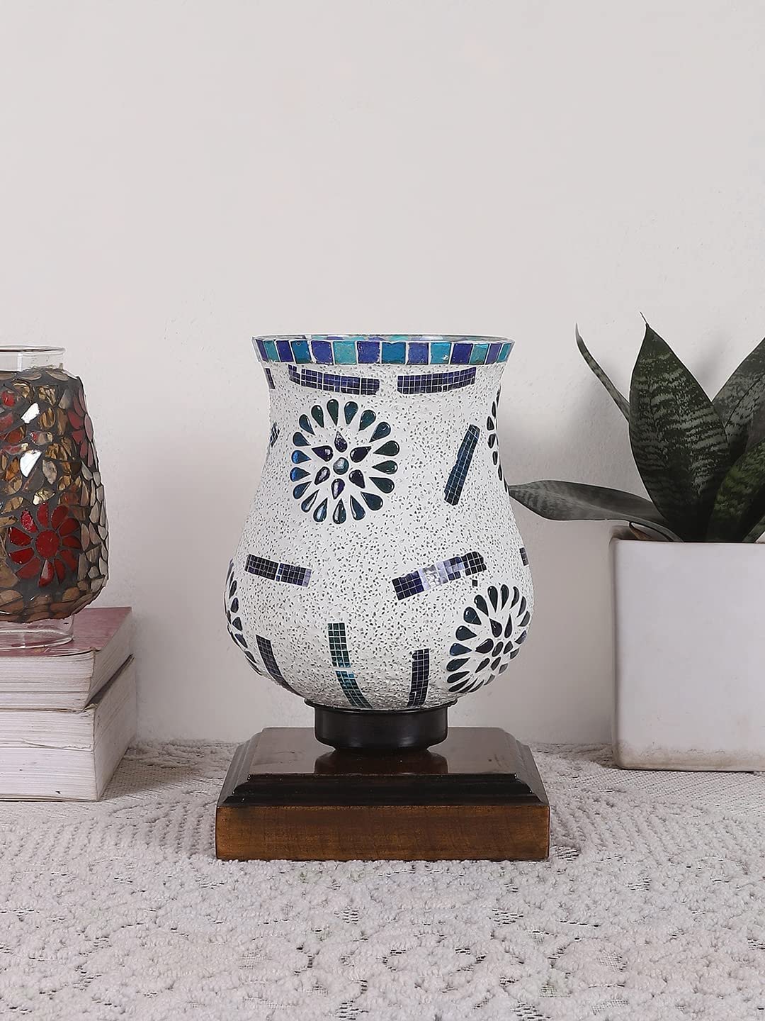 Dark Brown Wood Square Table lamp with Mosaic Glass -FD11