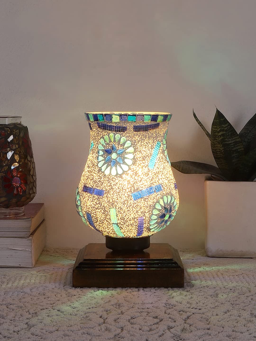 Dark Brown Wood Square Table lamp with Mosaic Glass -FD11