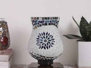 Dark Brown Wood Square Table lamp with Mosaic Glass -FD12