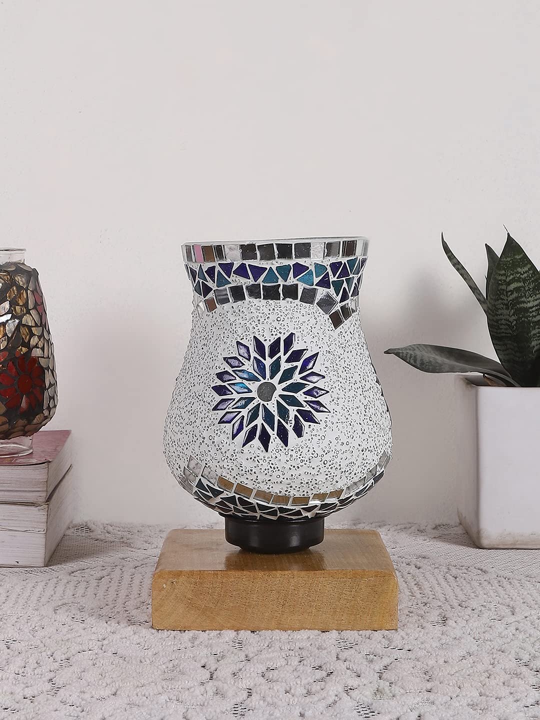 Natural Wood Square Table lamp with Mosaic Glass -FD13