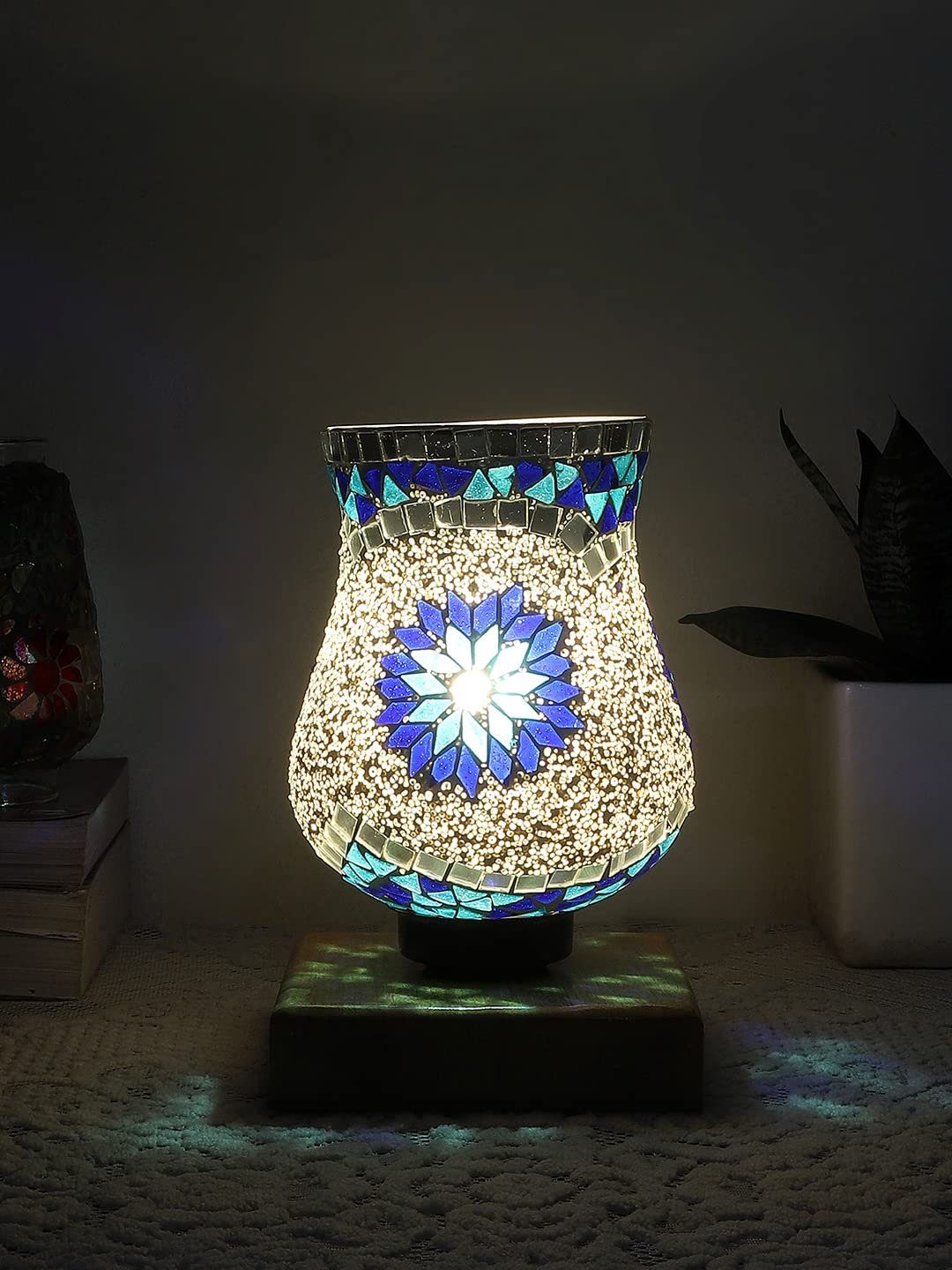 Natural Wood Square Table lamp with Mosaic Glass -FD13