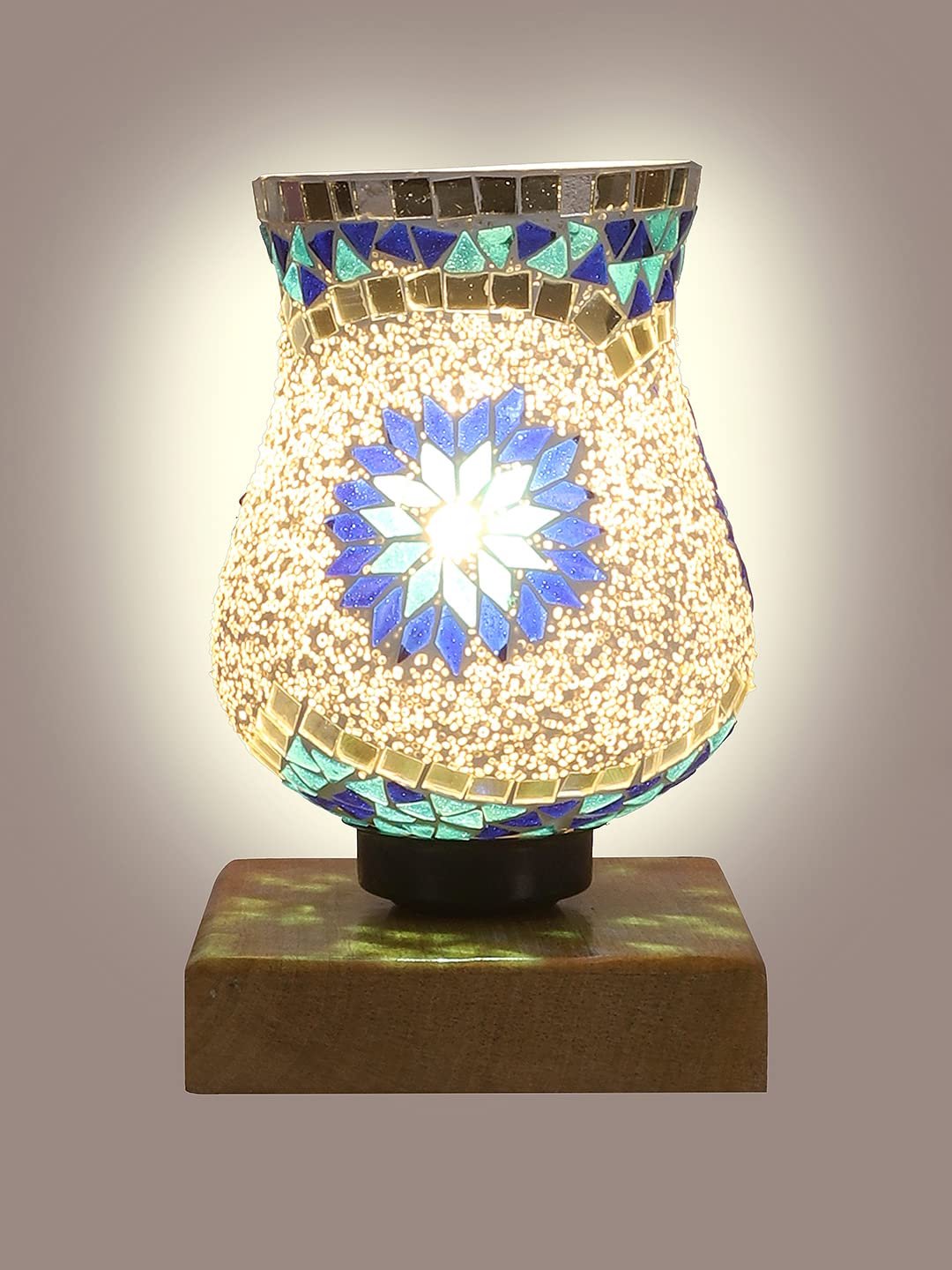 Natural Wood Square Table lamp with Mosaic Glass -FD13