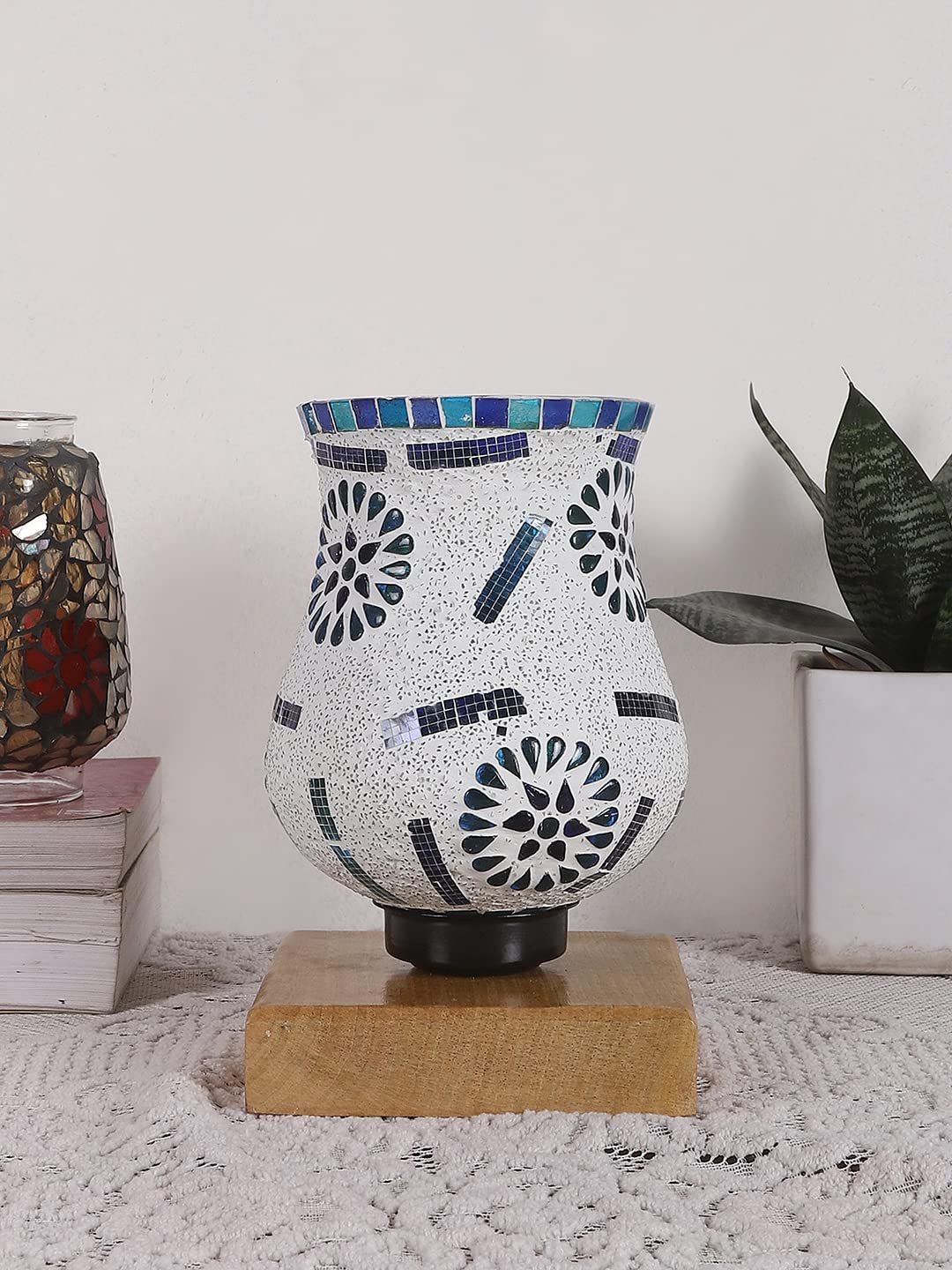 Natural Wood Square Table lamp with Mosaic Glass -FD14