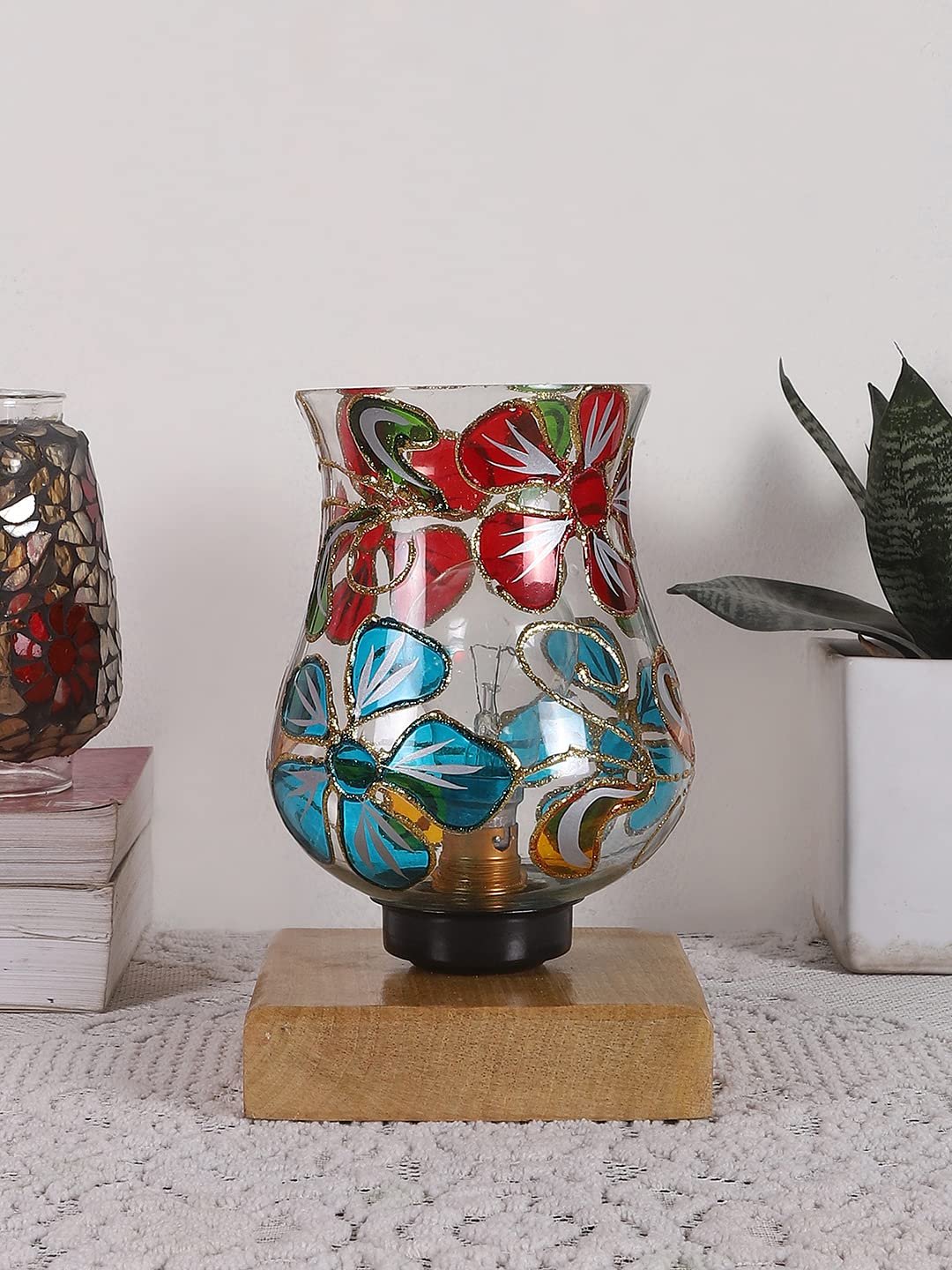 Natural Wood Square Table lamp with Mosaic Glass -FD15