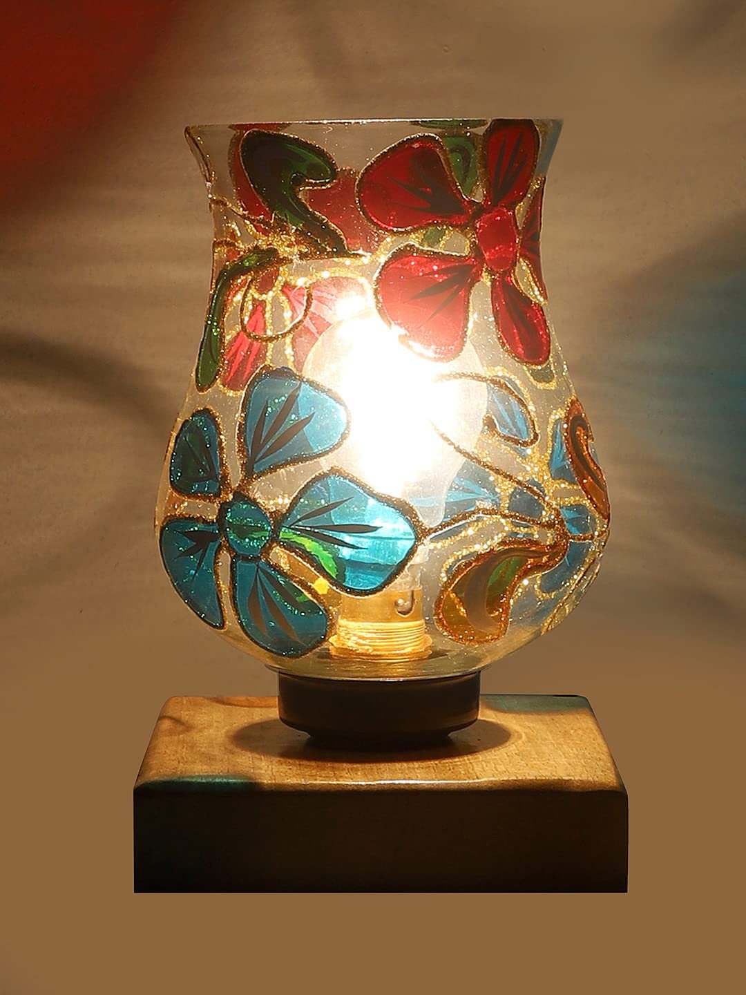 Natural Wood Square Table lamp with Mosaic Glass -FD15