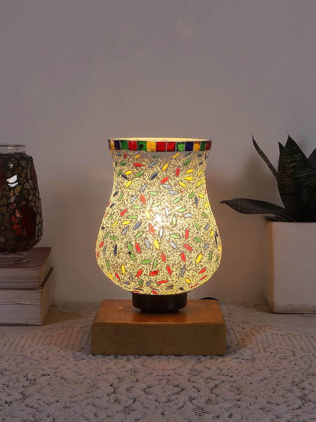 Natural Wood Square Table lamp with Mosaic Glass -FD16