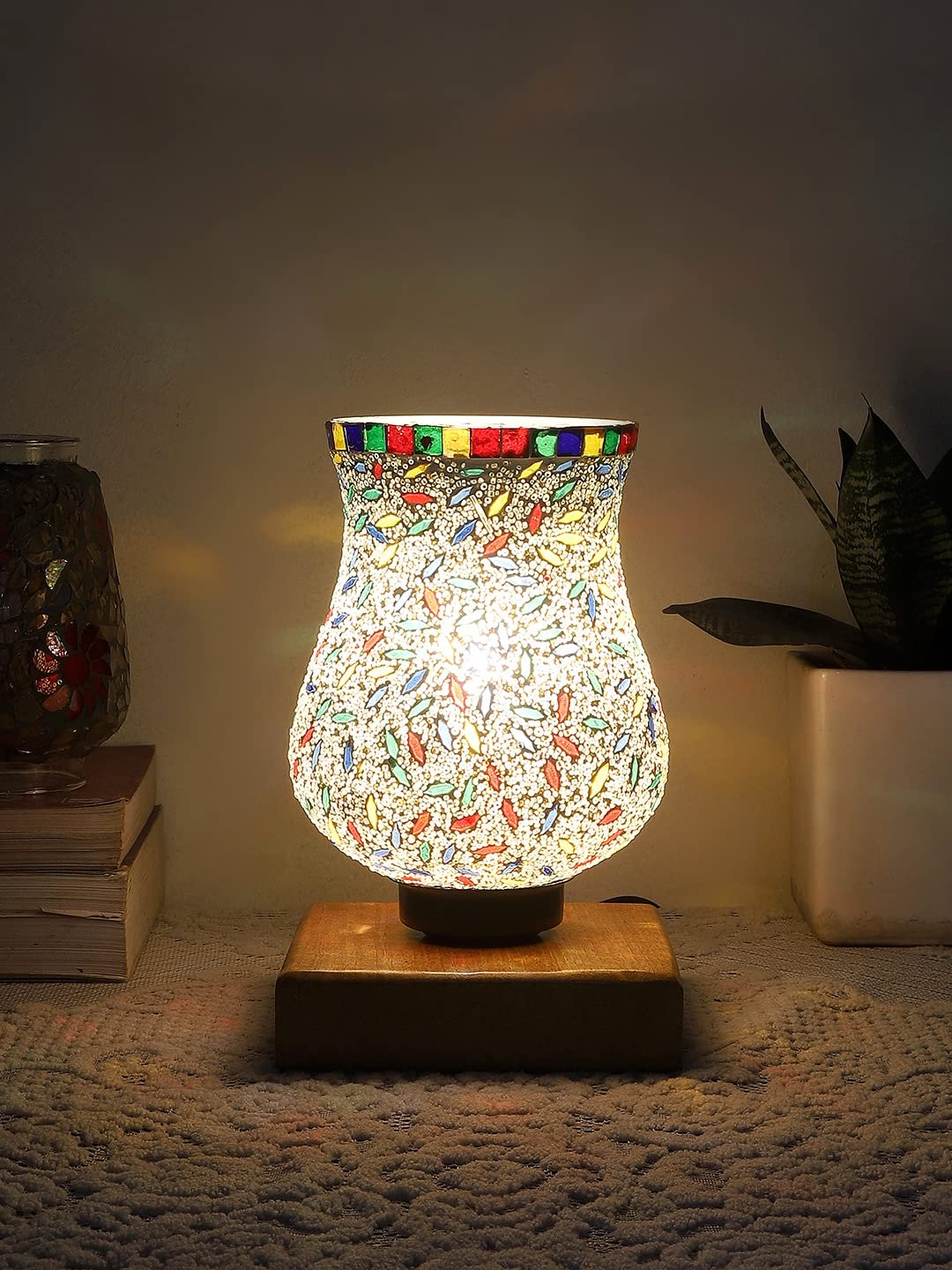 Natural Wood Square Table lamp with Mosaic Glass -FD16