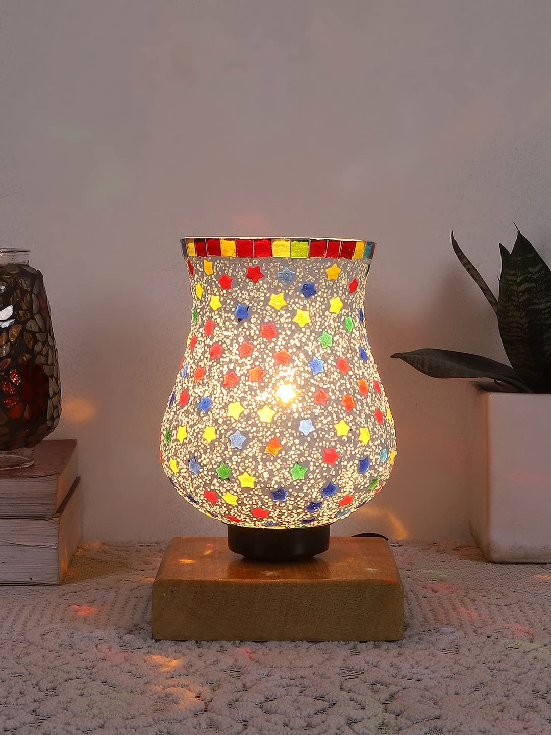 Natural Wood Square Table lamp with Mosaic Glass -FD17