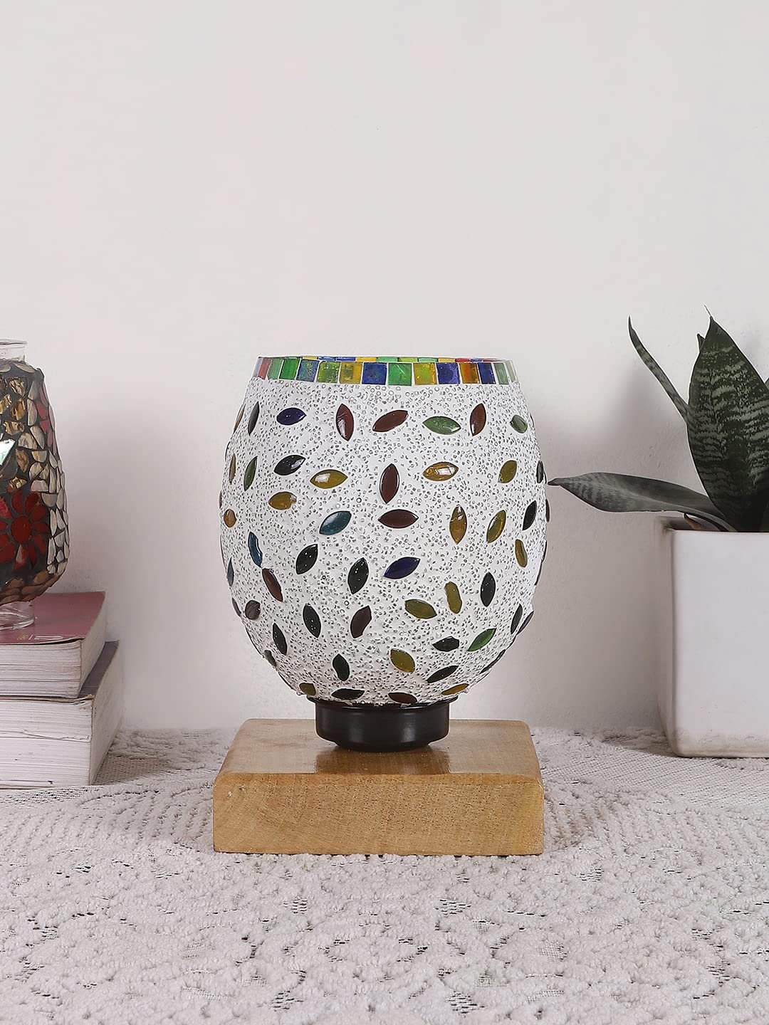 Natural Wood Square Table lamp with Mosaic Glass -FD18