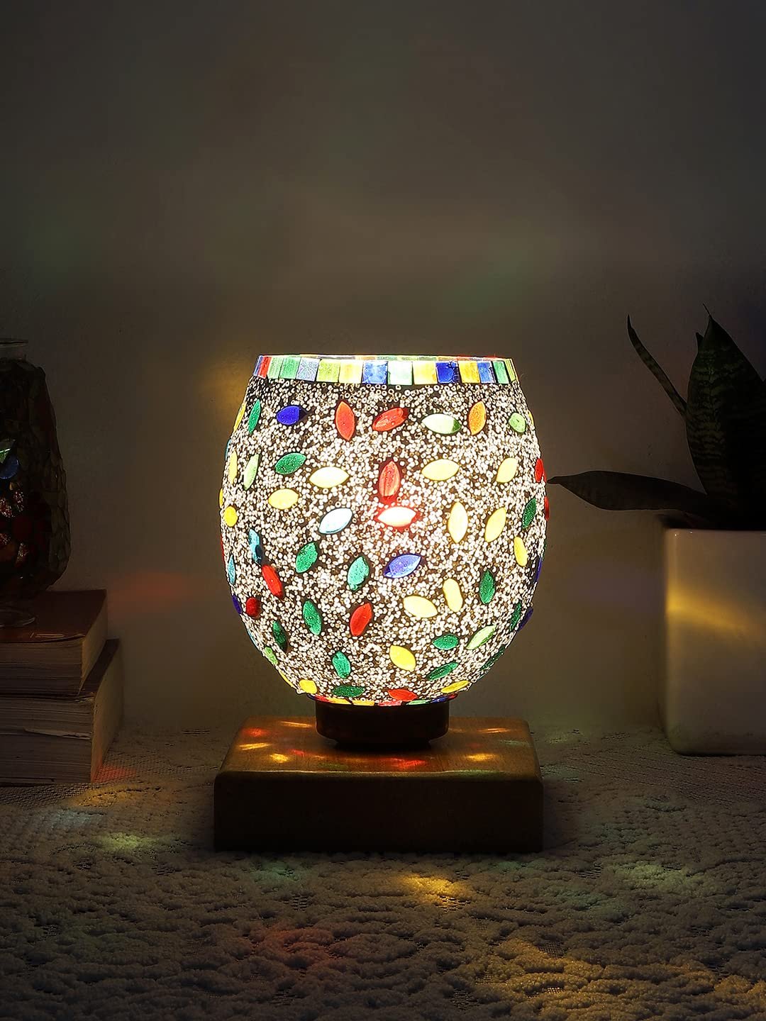 Natural Wood Square Table lamp with Mosaic Glass -FD18