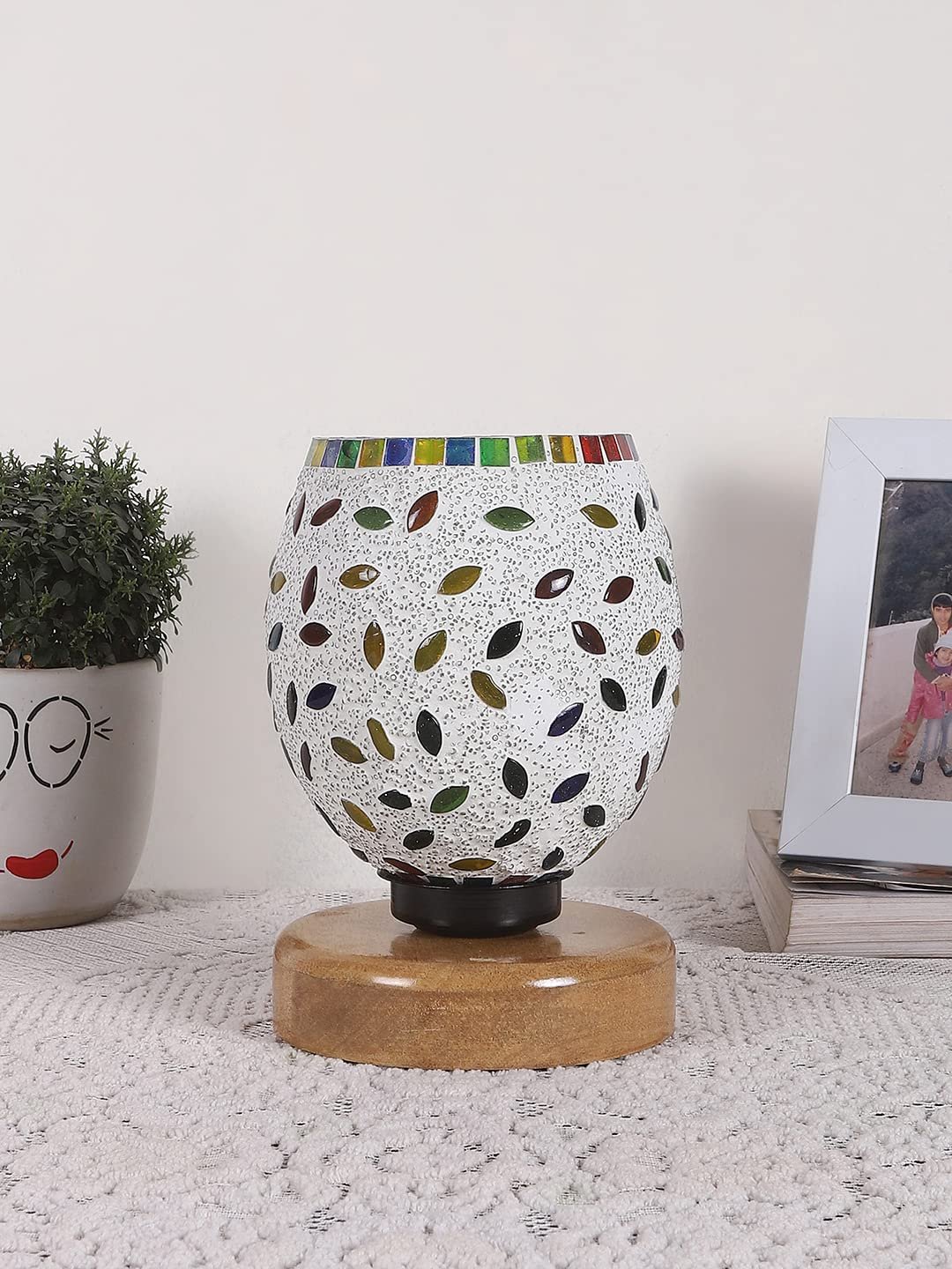 Natural Wood Round Table lamp with Mosaic Glass -FD19