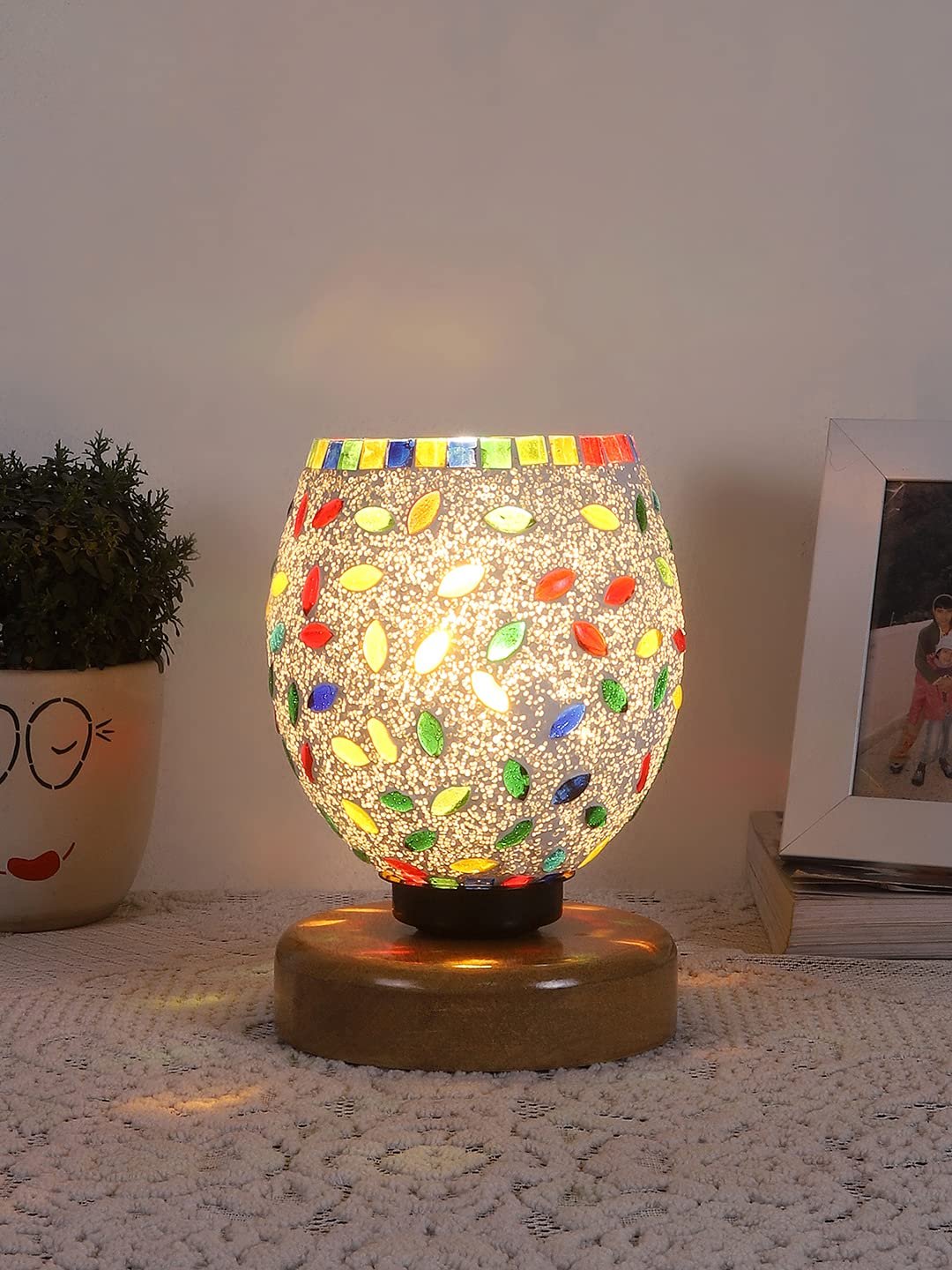 Natural Wood Round Table lamp with Mosaic Glass -FD19