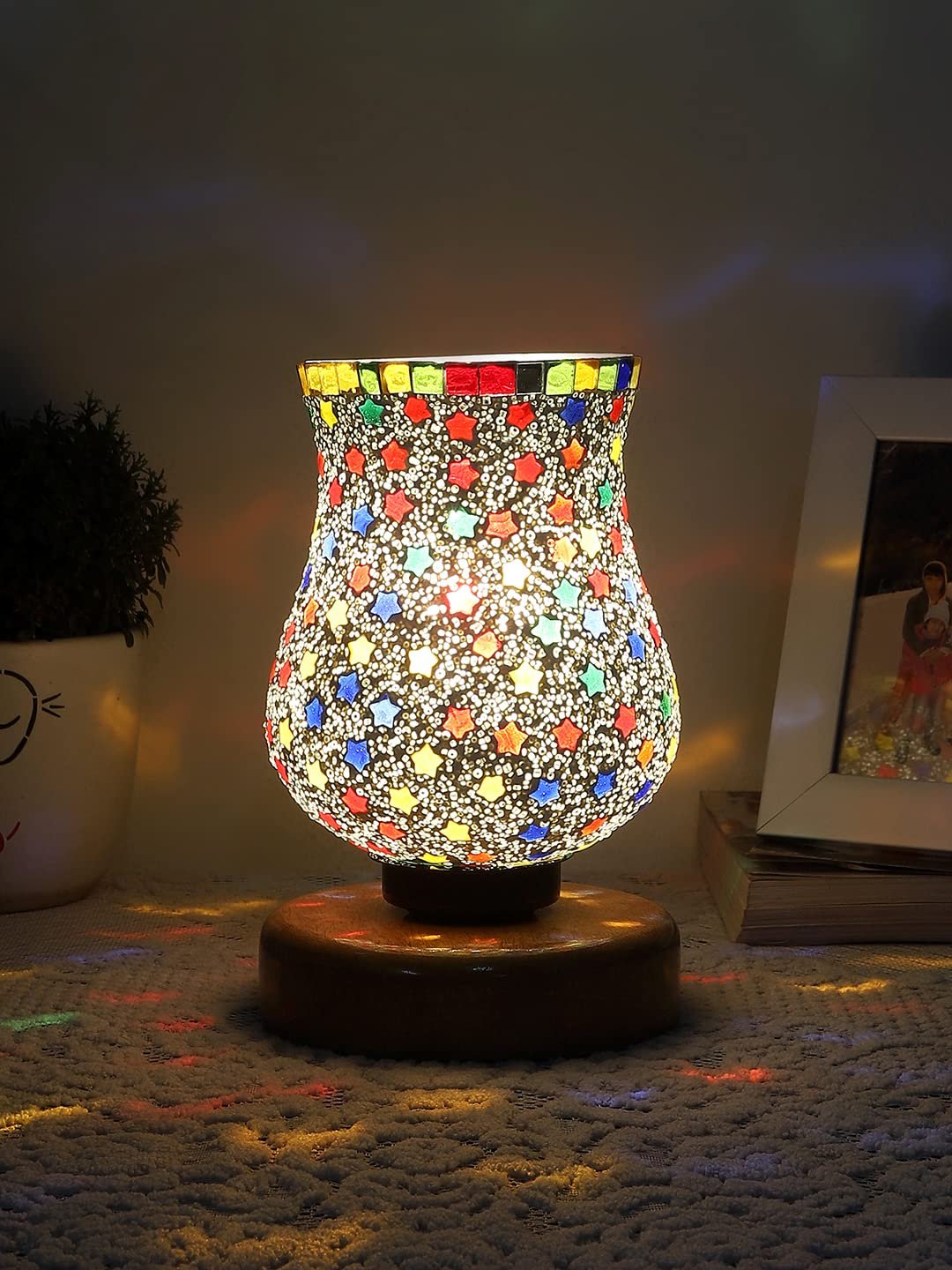 Natural Wood Round Table lamp with Mosaic Glass -FD20